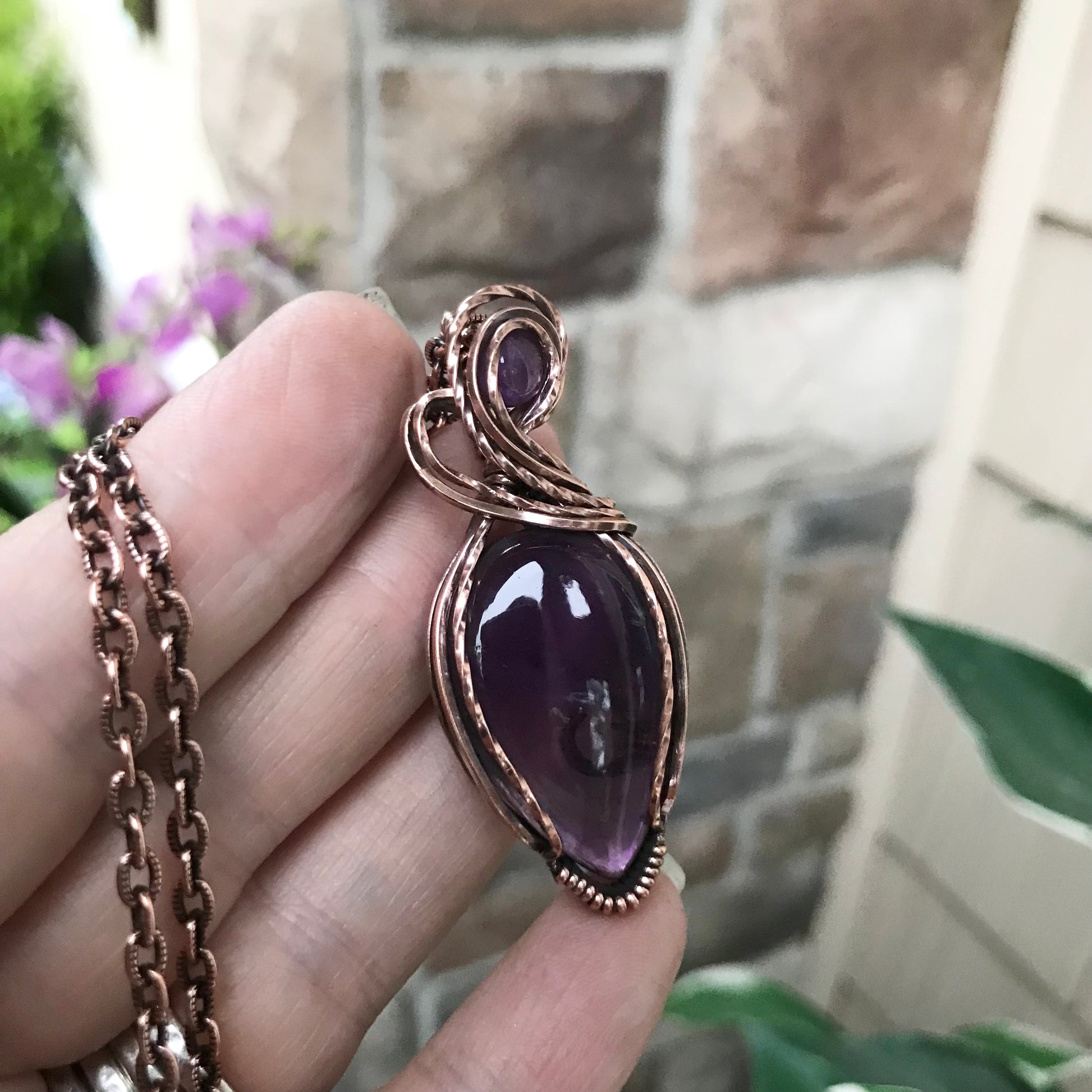 Amethyst with Amethyst Accent Teardrop Copper Pendant
