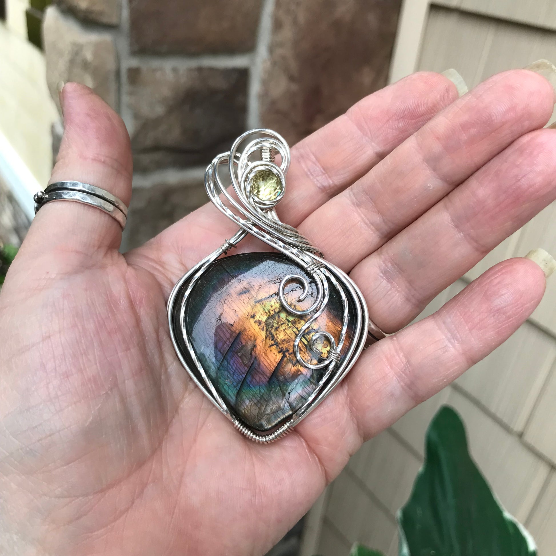 Rainbow Labradorite & Lemon Quartz Silver Pendant