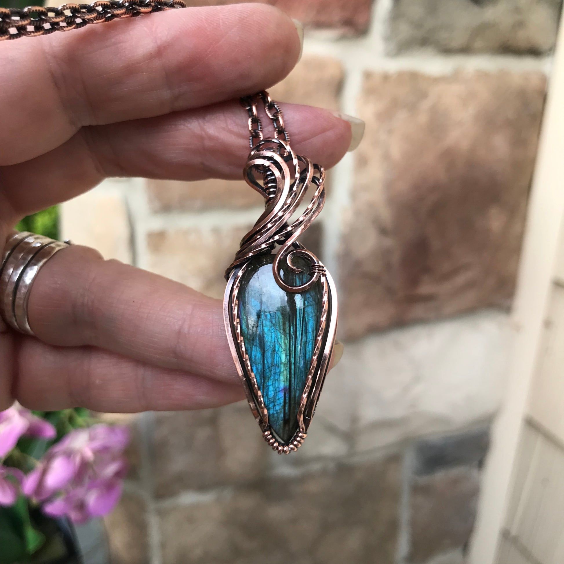 Teal Labradorite Copper Pendant