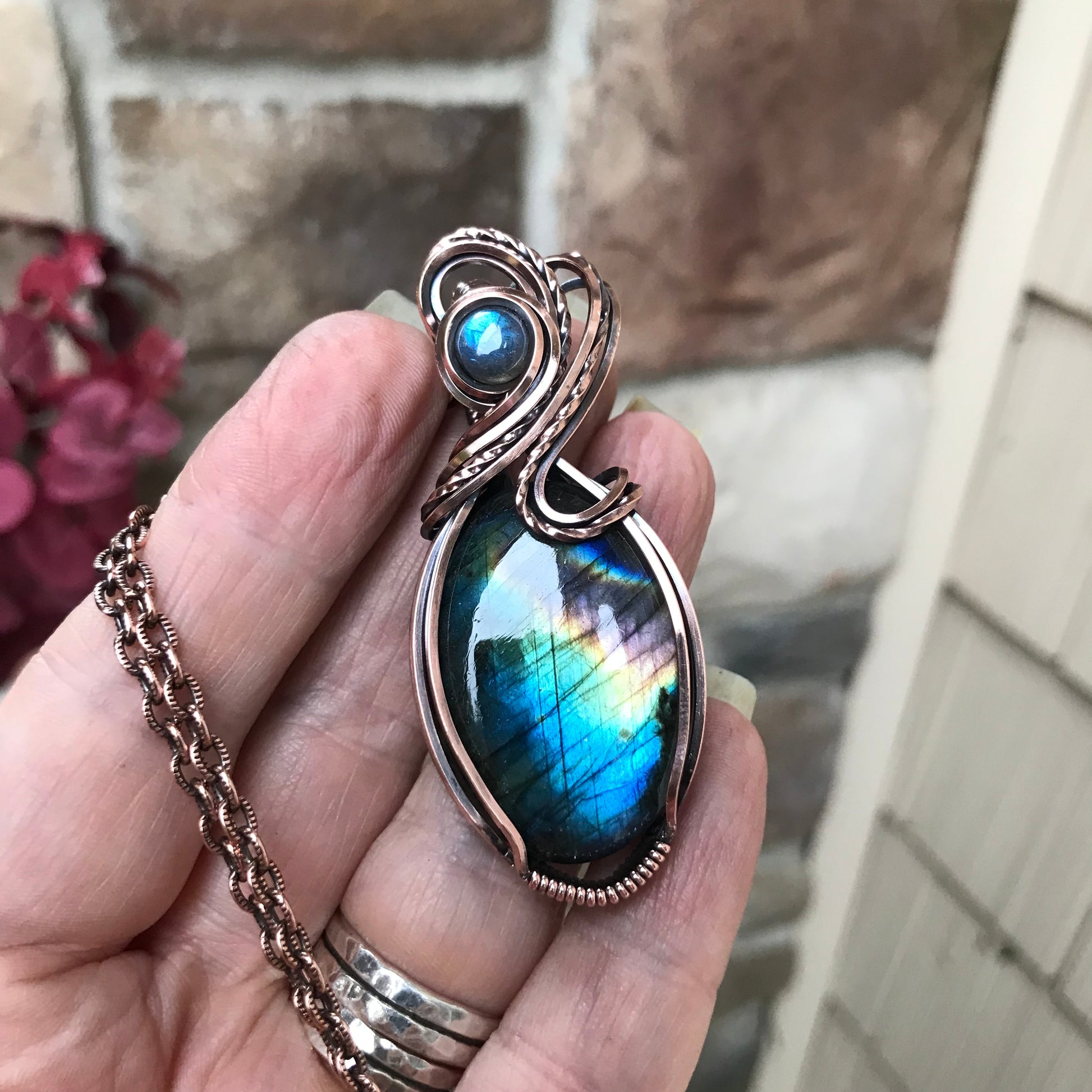 Blue Rainbow Oval Labradorite Copper Pendant