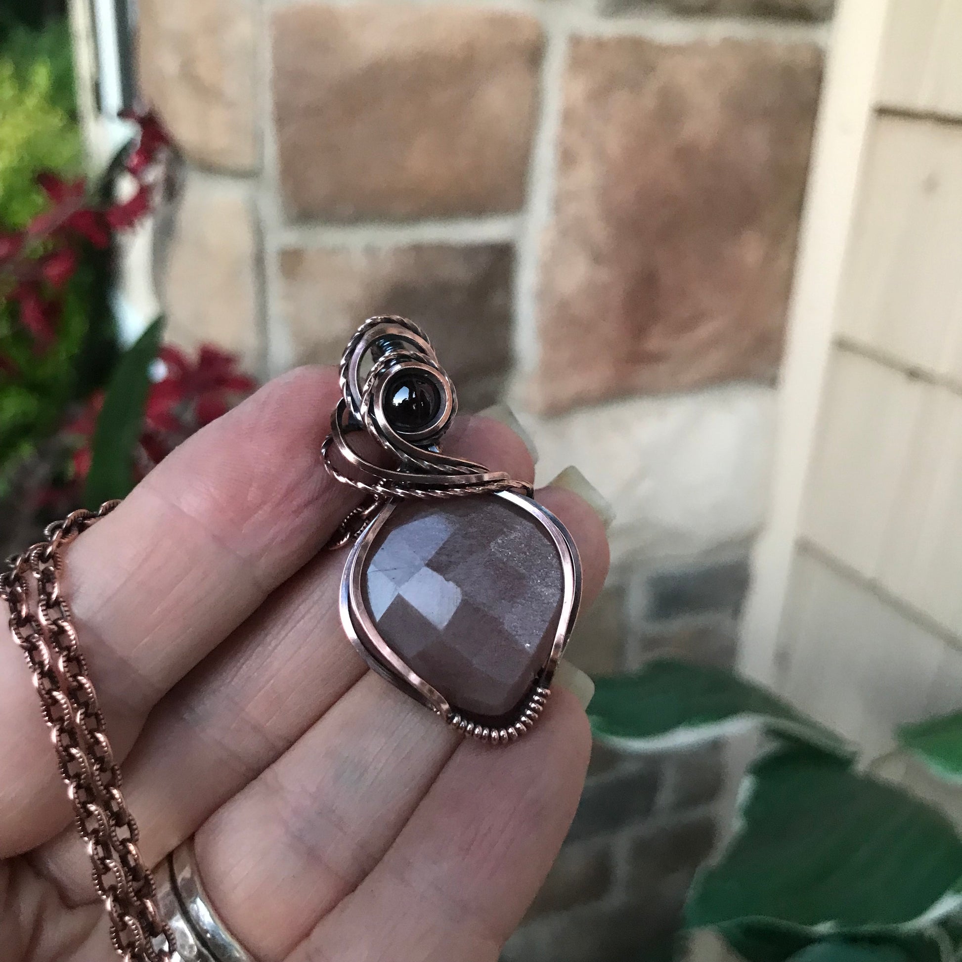Peach Moonstone & Garnet Copper Necklace