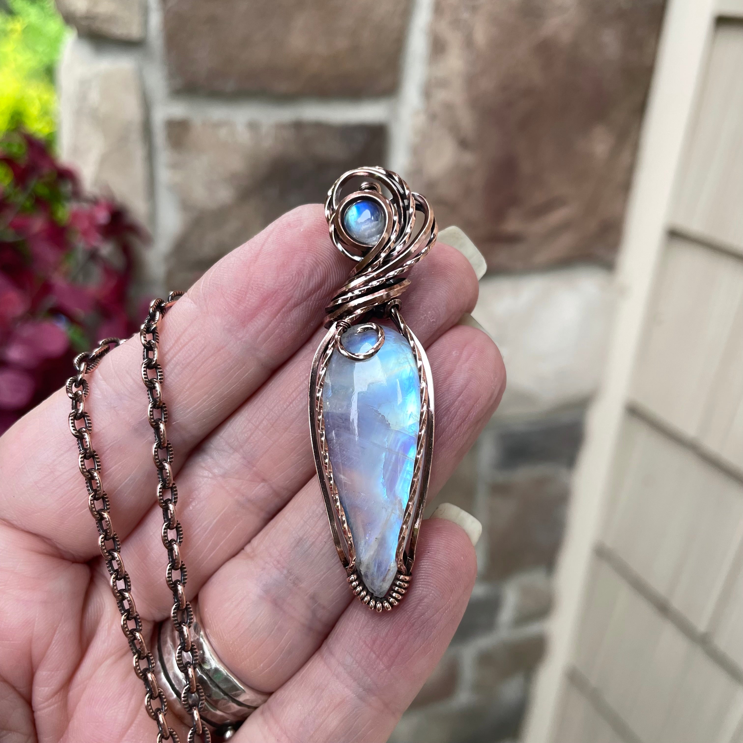 Moonstone Slender Swirly Copper Pendant