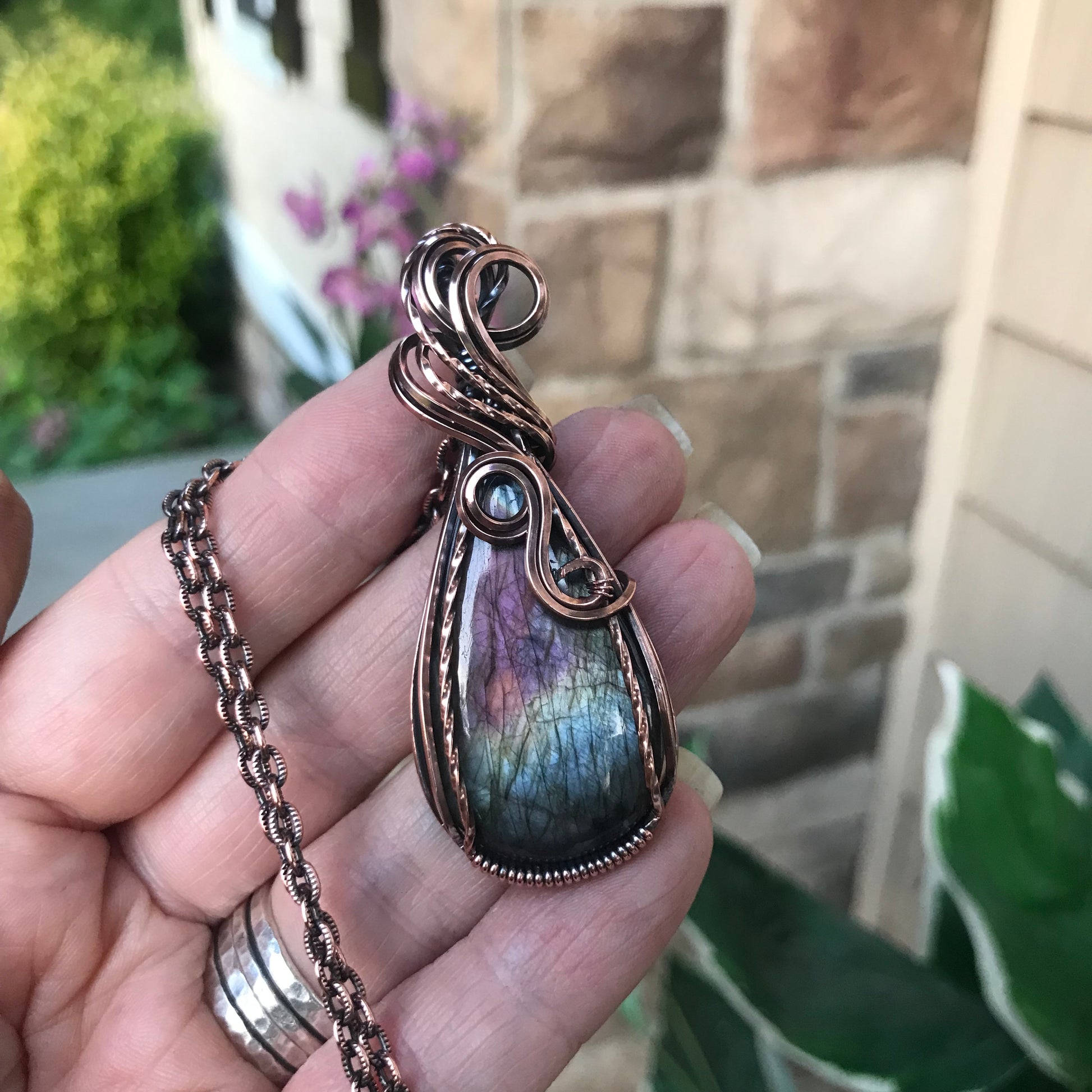 Green & Purple Labradorite Copper Pendant