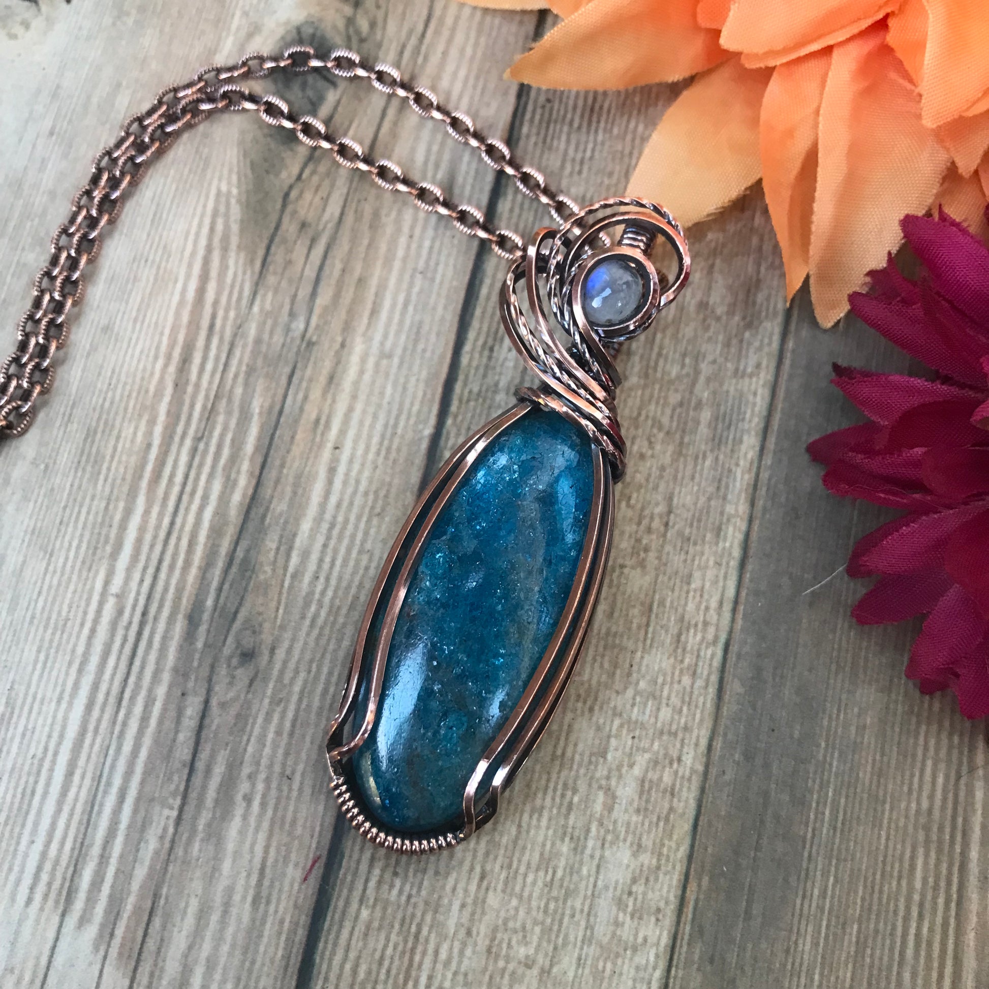 Apatite & Moonstone Slender Copper Necklace