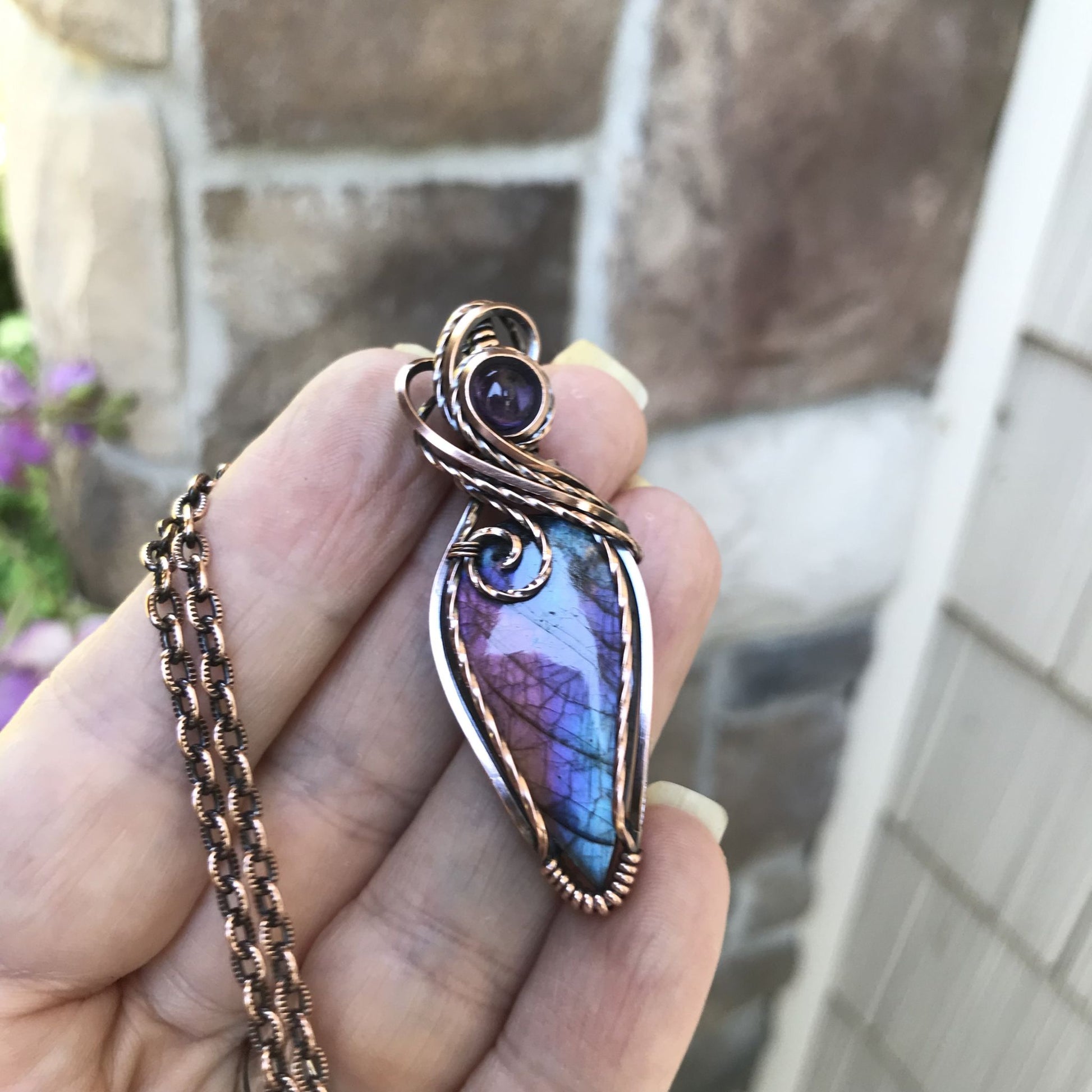 Blue Pink Purple Labradorite & Amethyst Copper Necklace