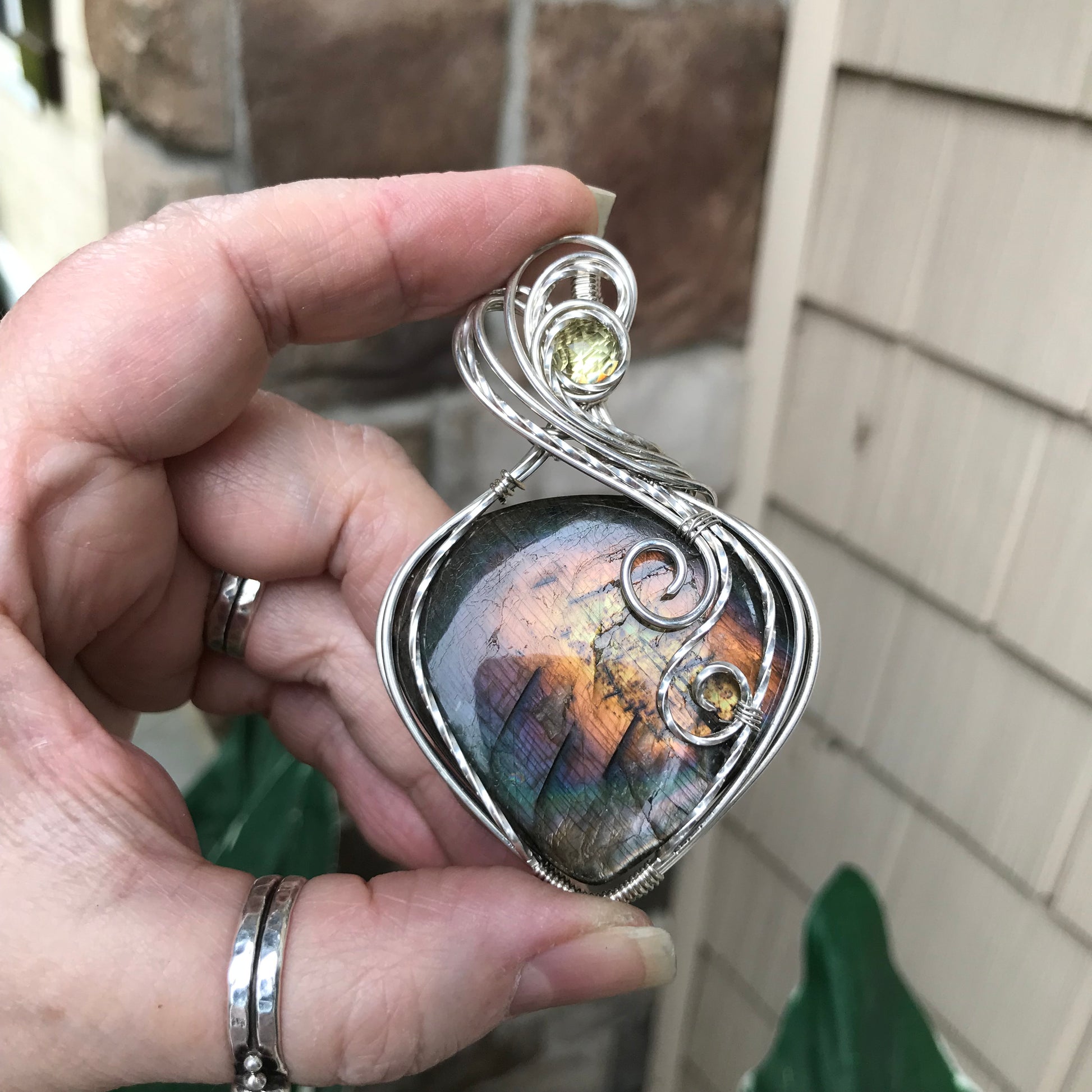 Rainbow Labradorite & Lemon Quartz Silver Pendant