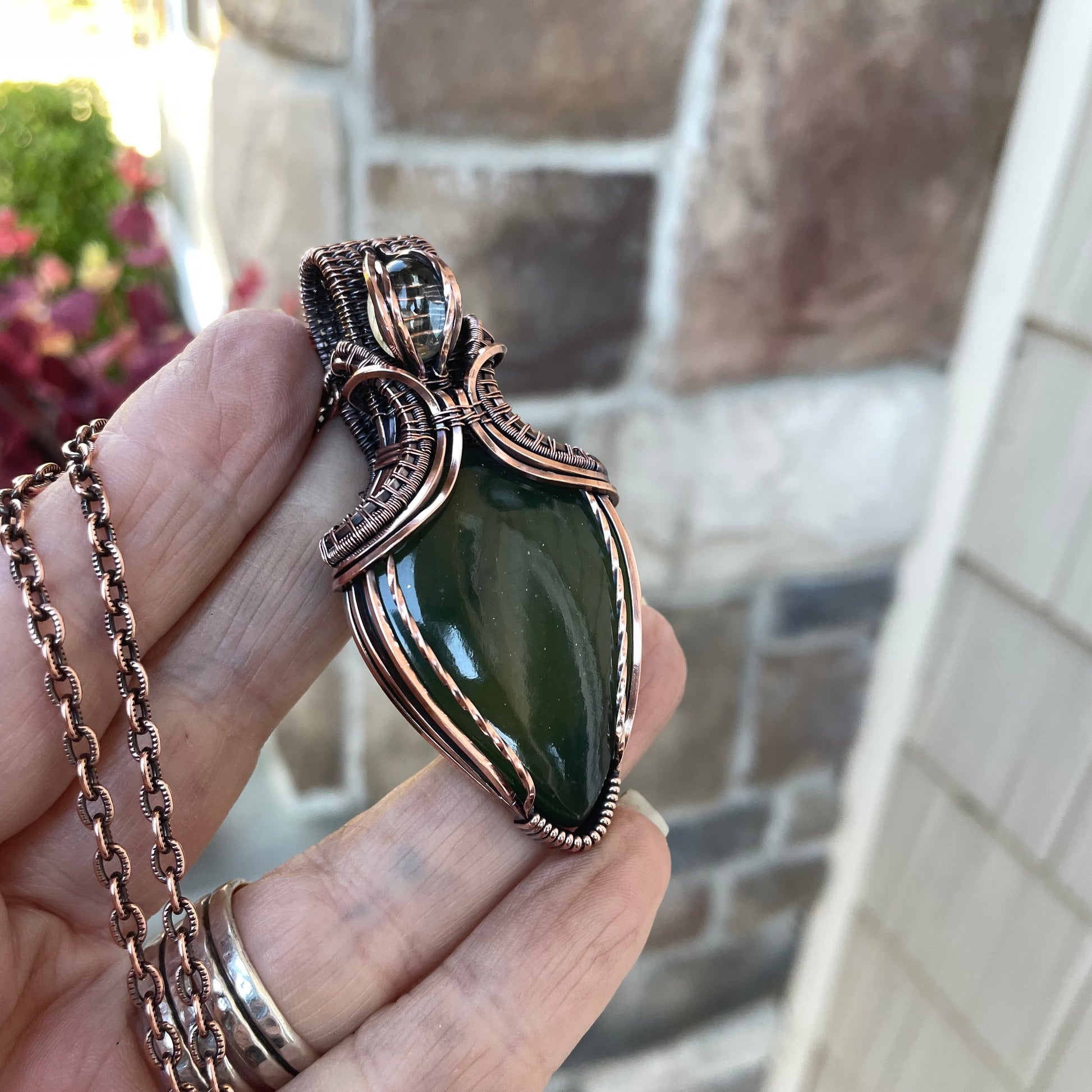 Serpentine & Prasiolite Copper Necklace with Weaving