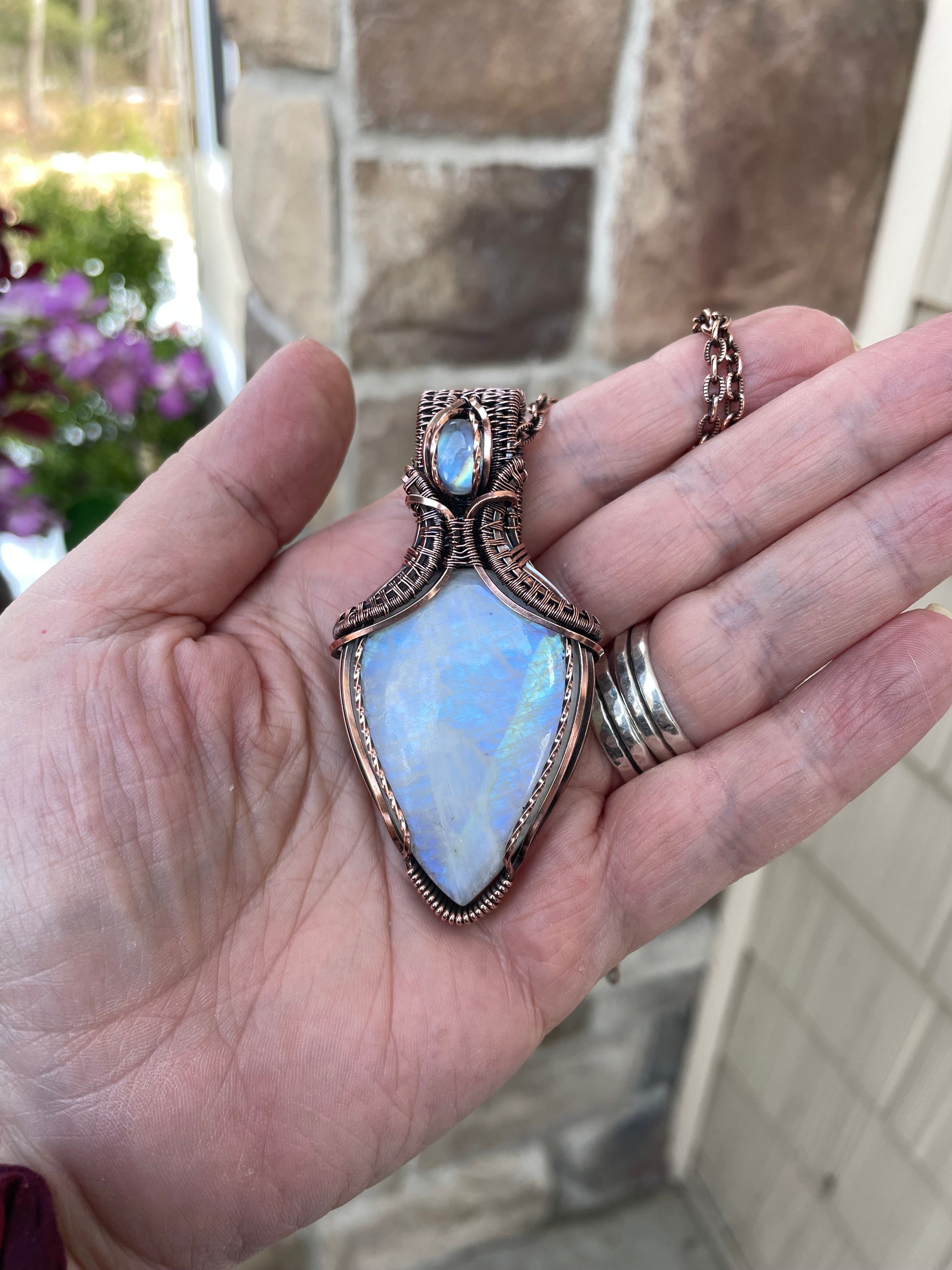 Moonstone Copper Pendant with Weaving