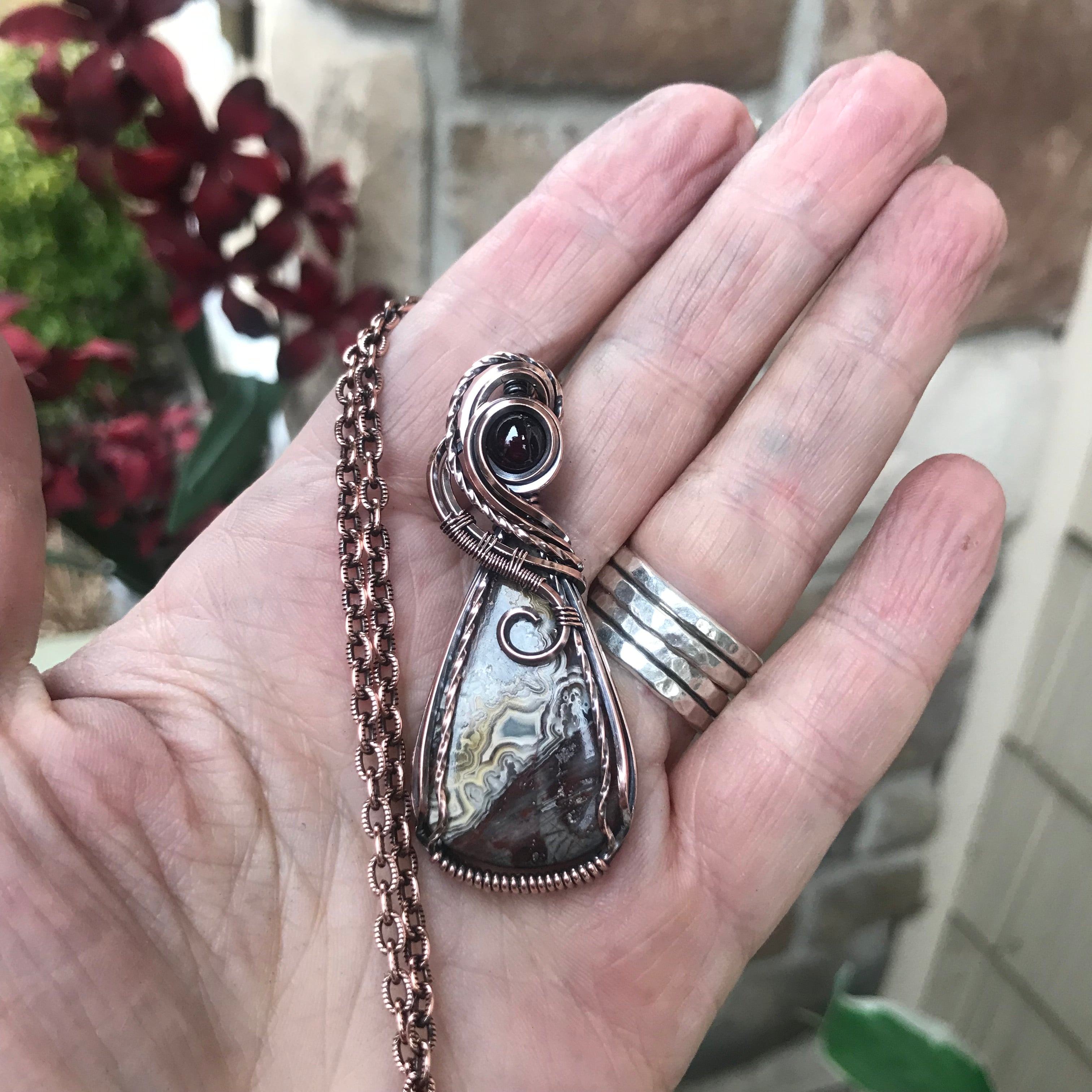 Maroon White Crazy Lace Agate & Garnet Copper Pendant