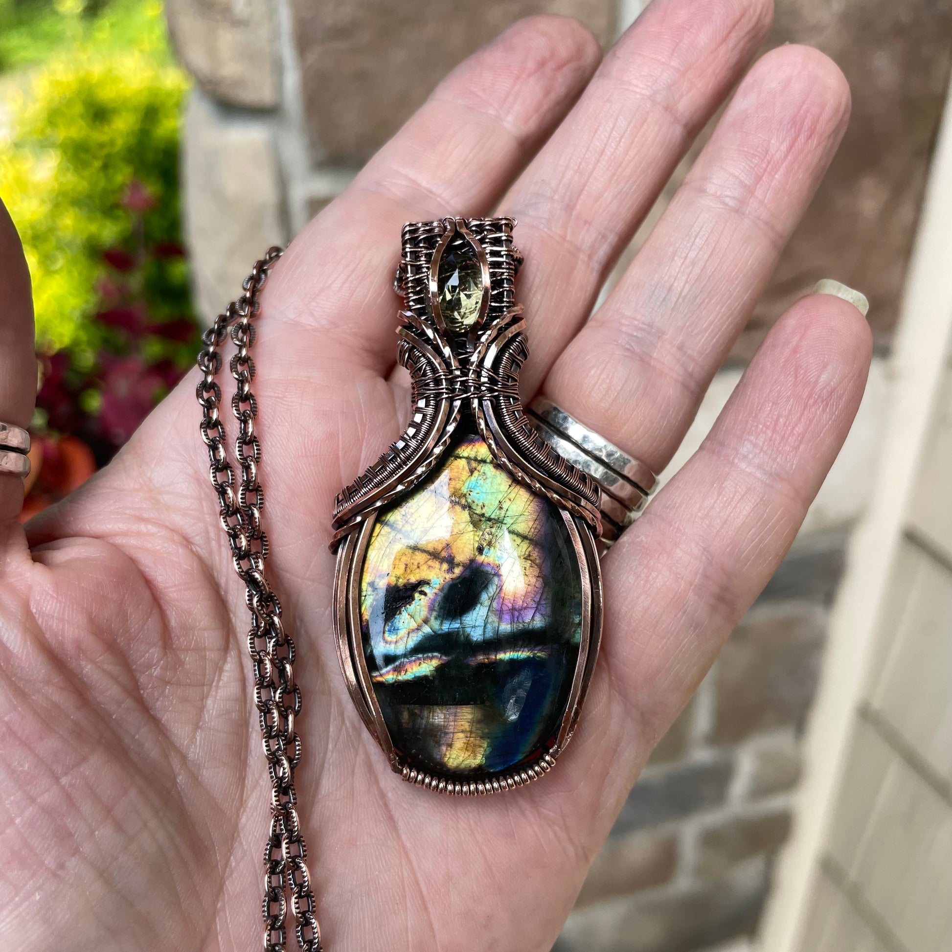Yellow Orange Labradorite & Lemon Quartz Oval Copper Necklace with Weaving