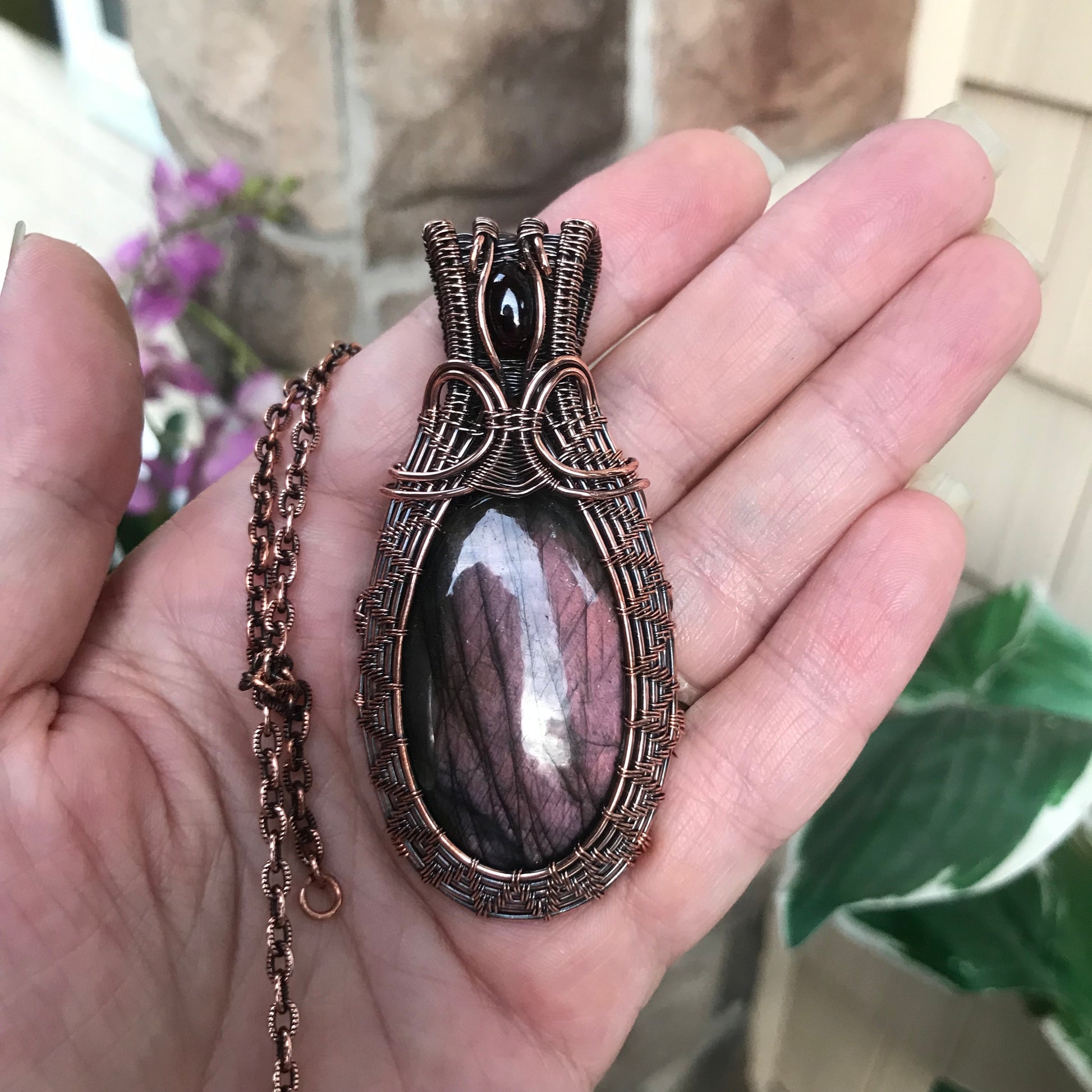Purple mauve labradorite copper wire weave woven pendant with garnet by Moonlet Jewelry
