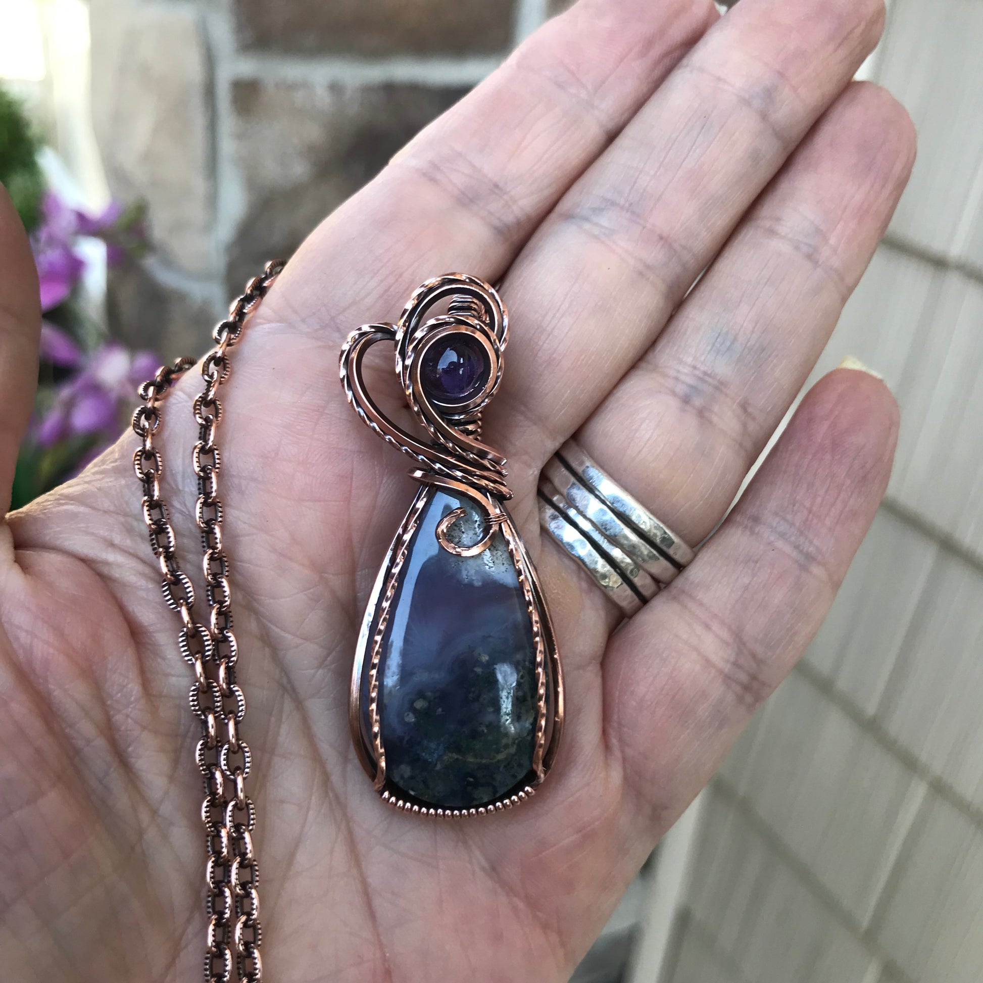 Moss Agate Chalcedony & Amethyst Copper Necklace