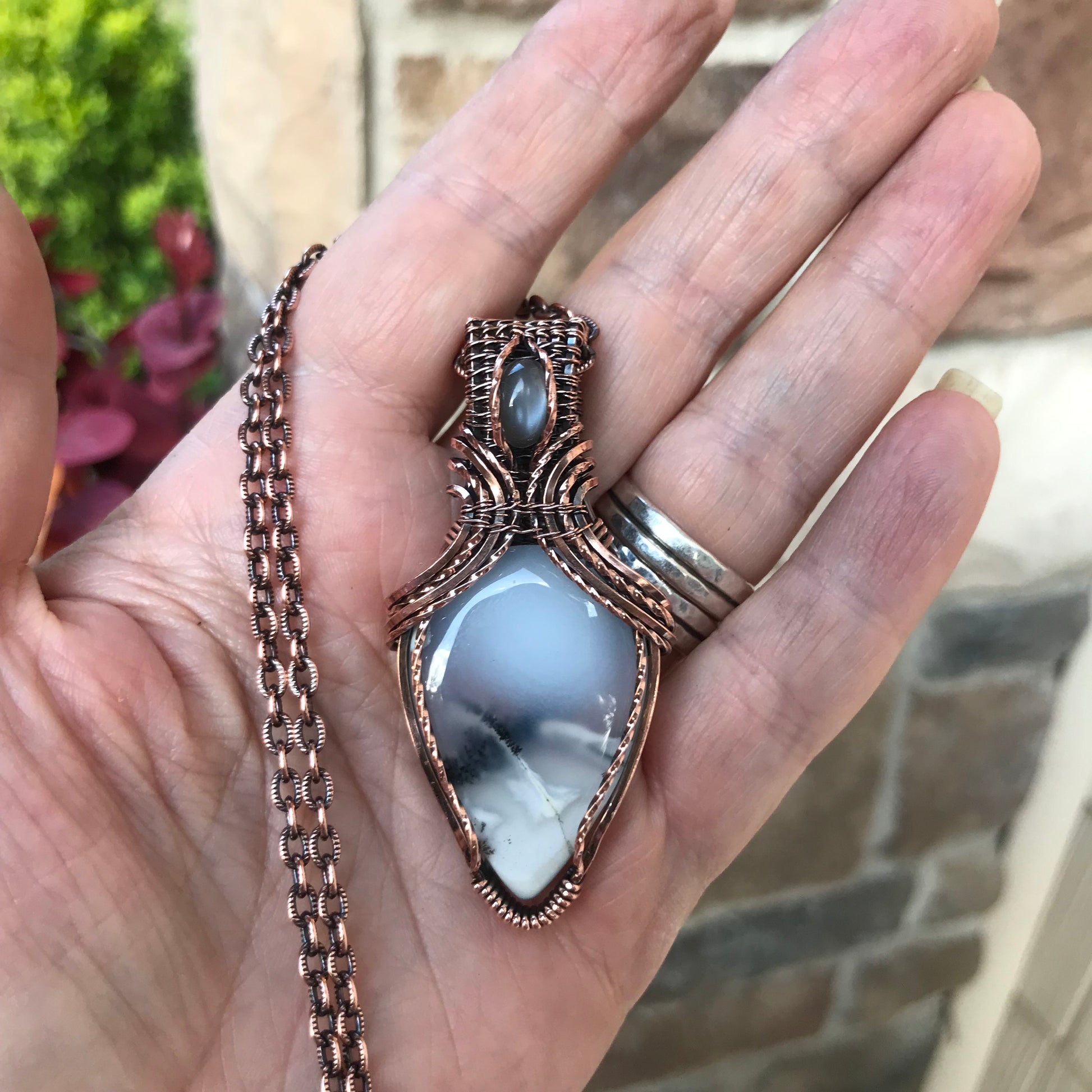 Dentritic Agate & Gray Moonstone Copper Necklace with Weaving