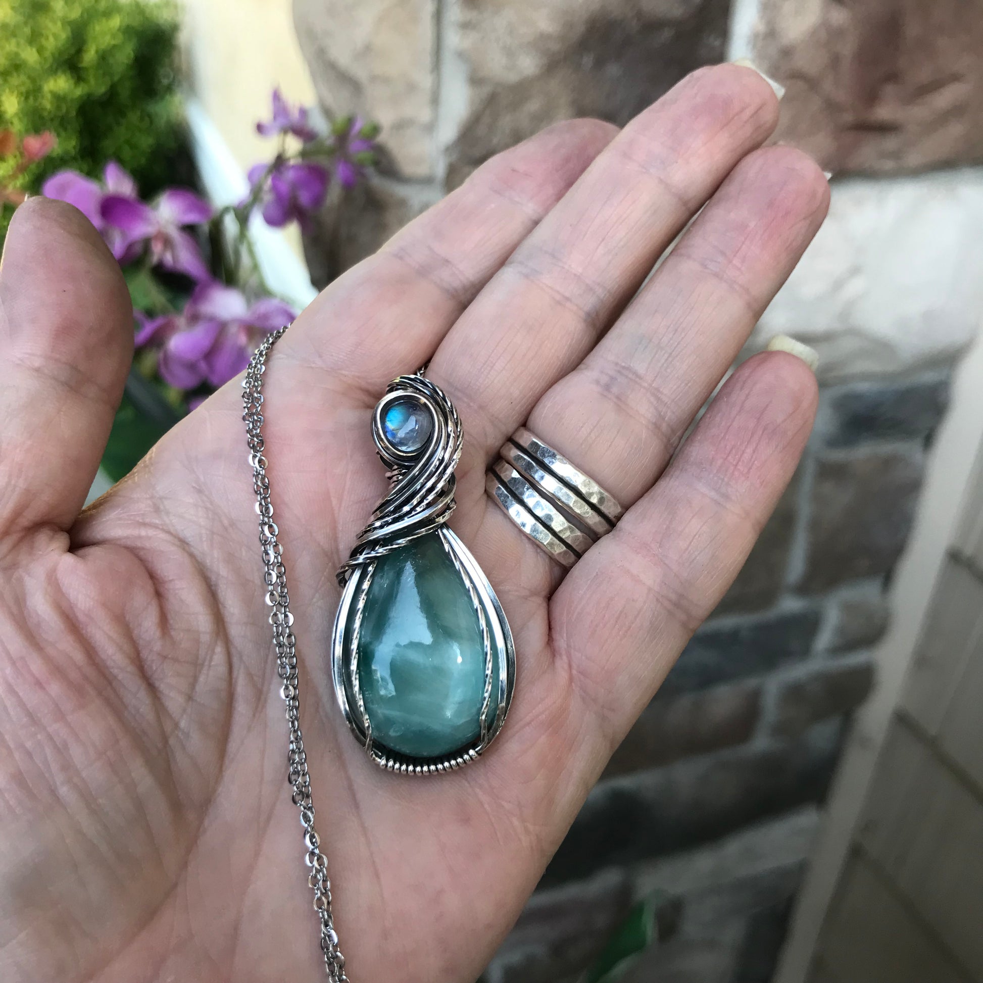 Blue Hemimorphite & Moonstone Silver Pendant