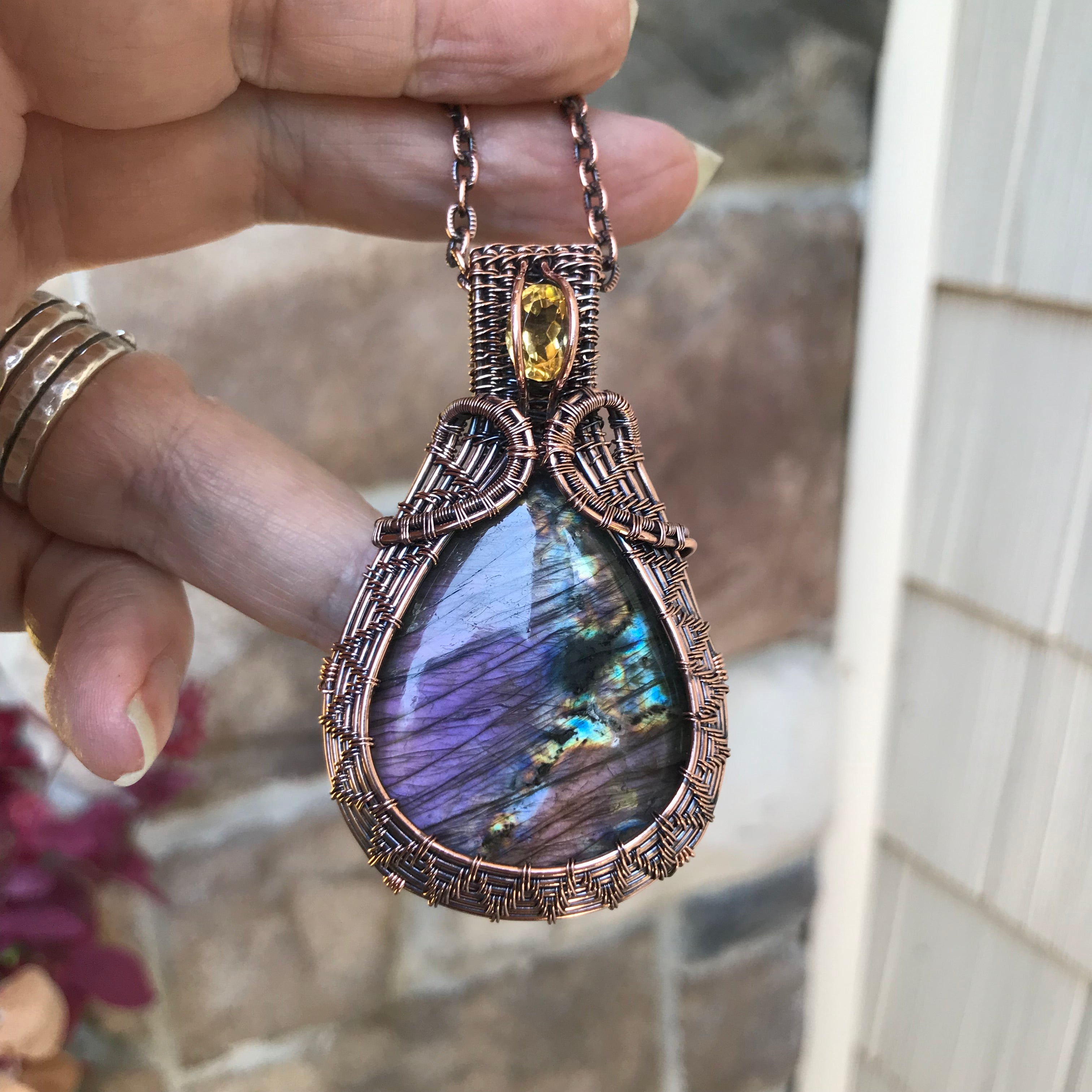 Purple Amber Labradorite & Honey Citrine Copper Woven Pendant