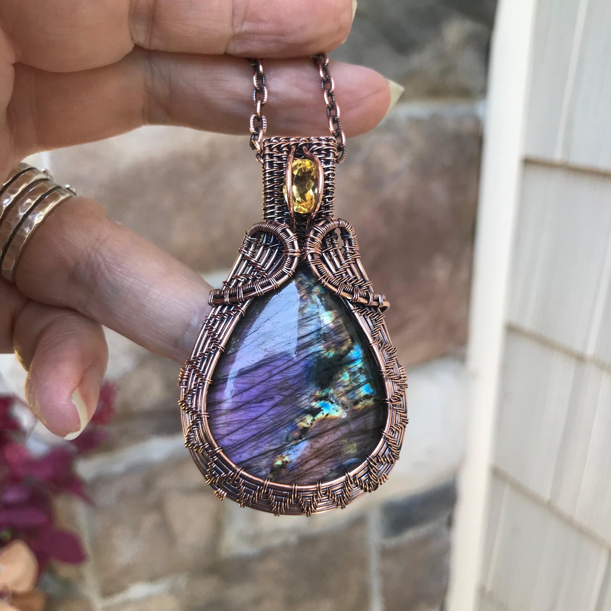 Purple Amber Labradorite & Honey Citrine Copper Woven Pendant