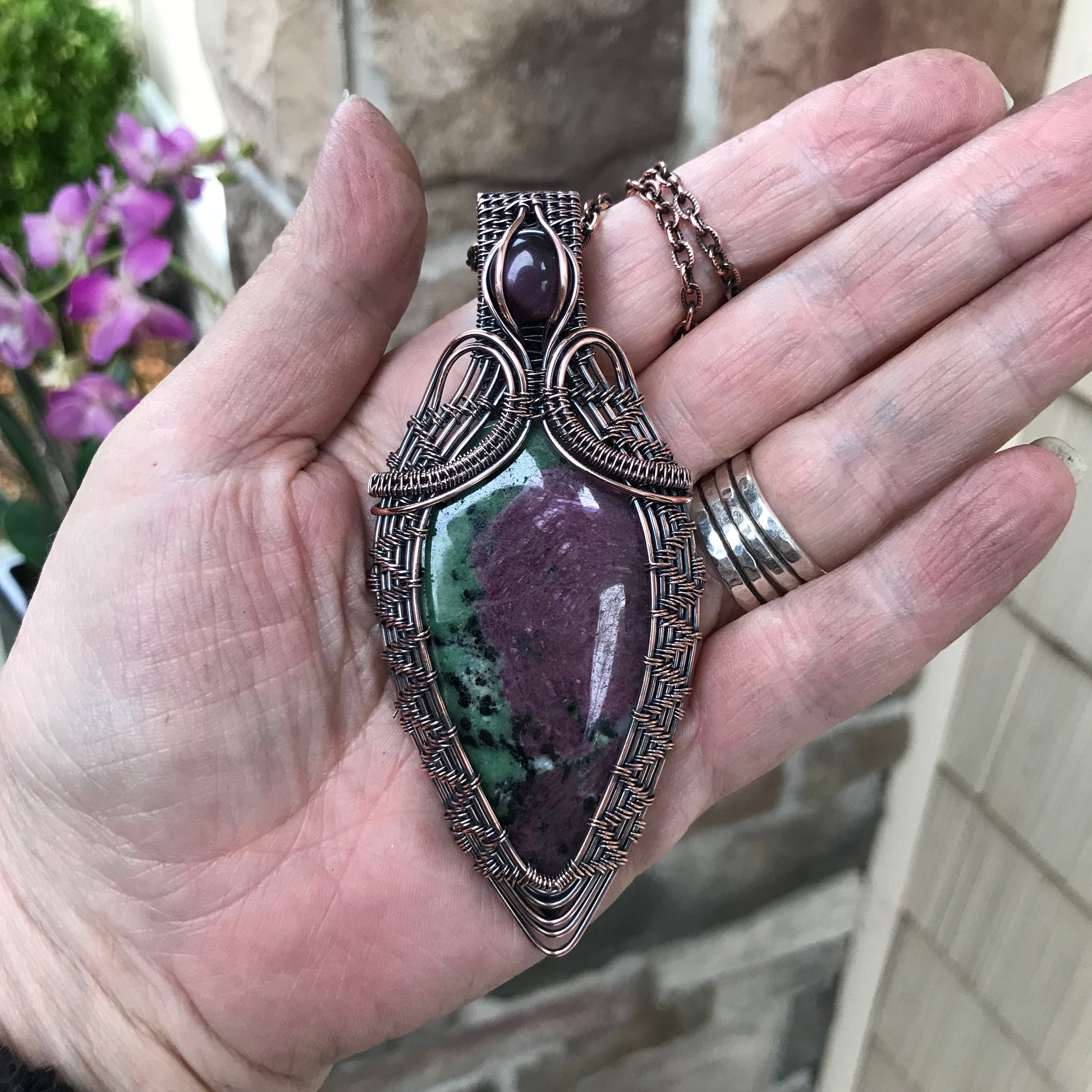 Ruby Zoisite & Pink Cat’s Eye Woven Copper Pendant