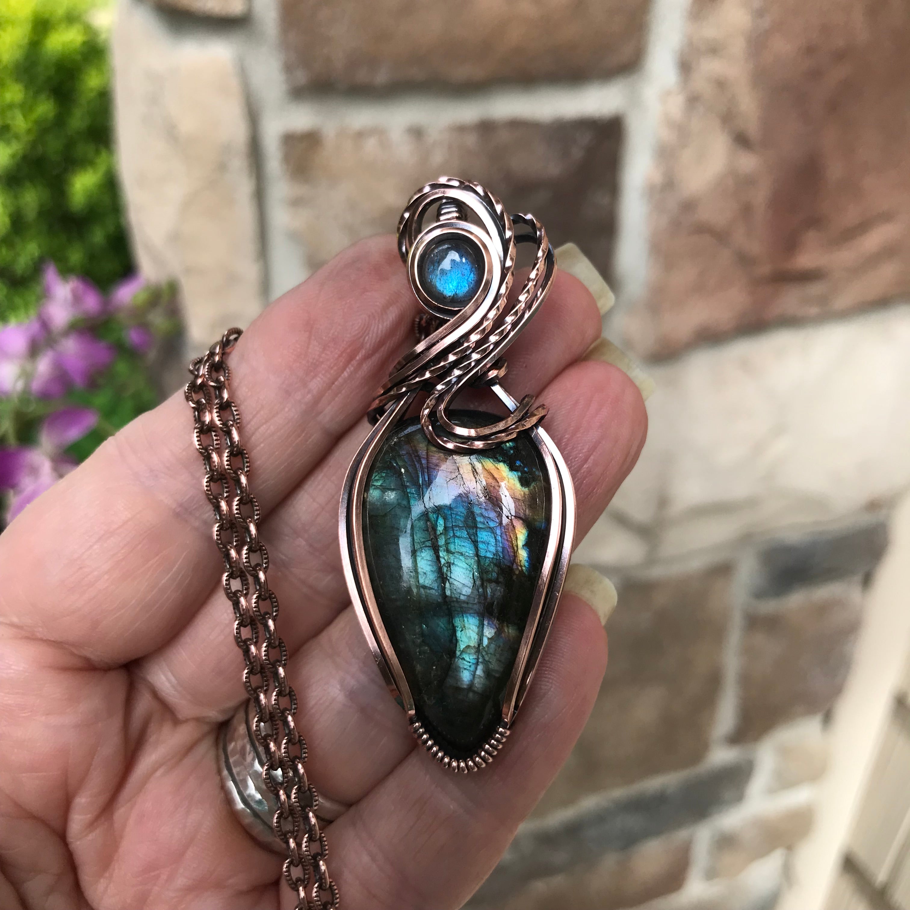 Teal Rainbow Labradorite Copper Pendant