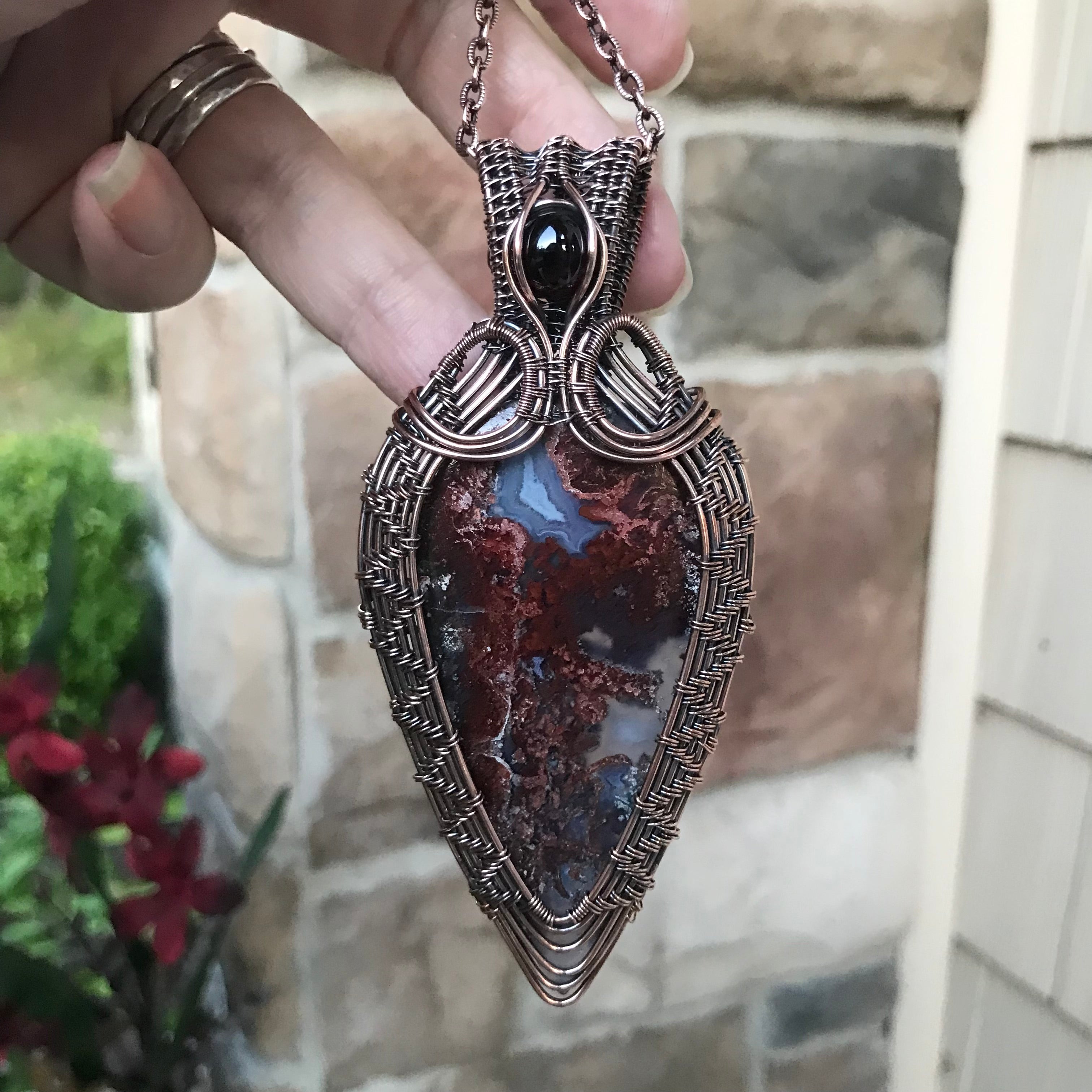 Red Moss Agate & Garnet Woven Statement Copper Pendant