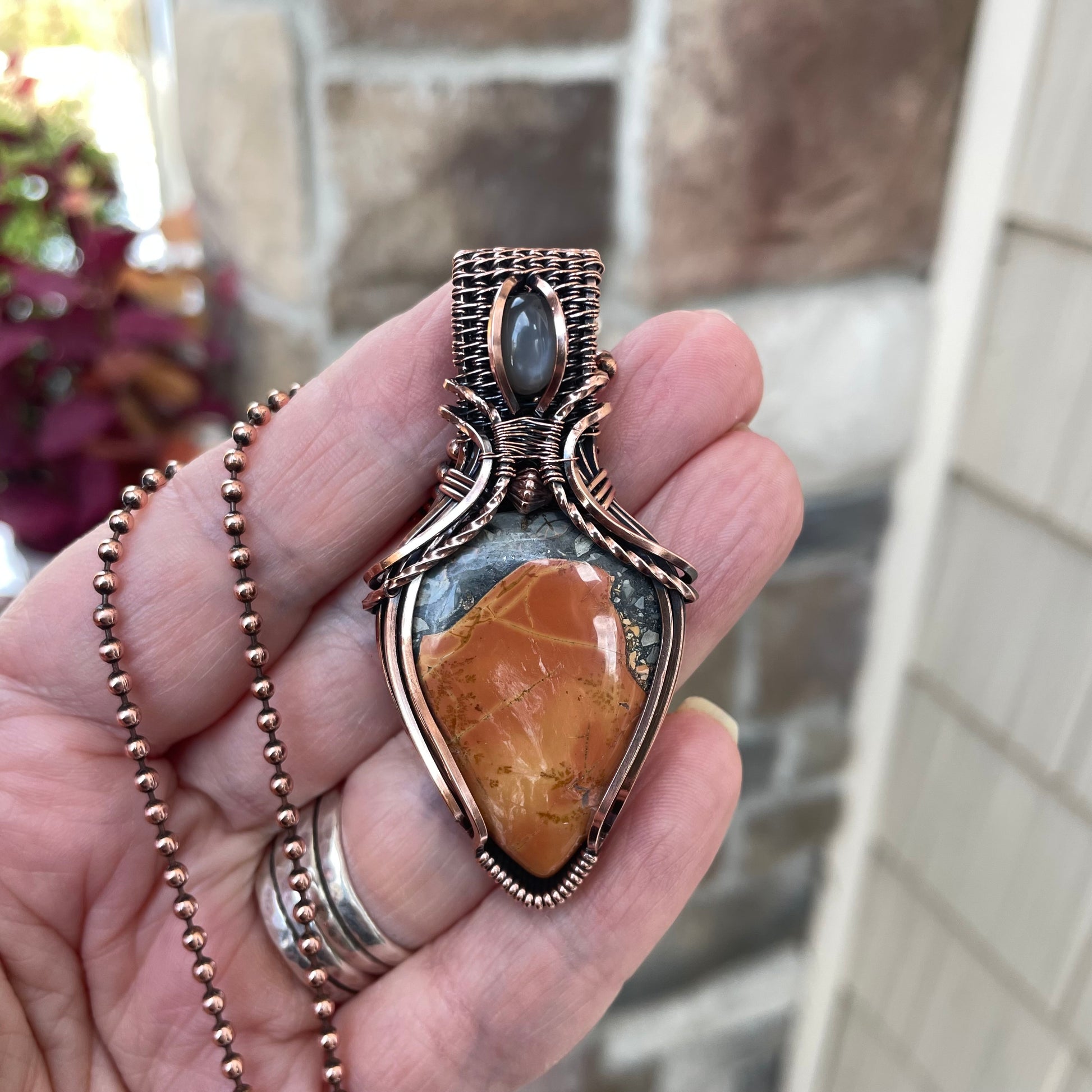 Maligano Jasper & Gray Moonstone Copper Pendant with Weaving
