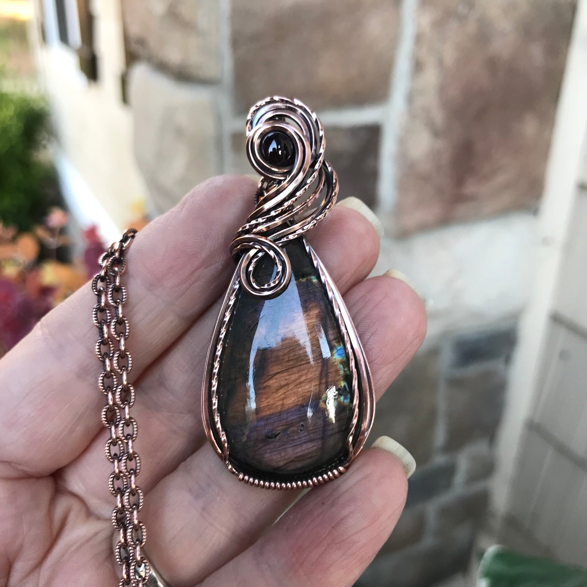 Burgundy Labradorite & Garnet Swirly Copper Necklace