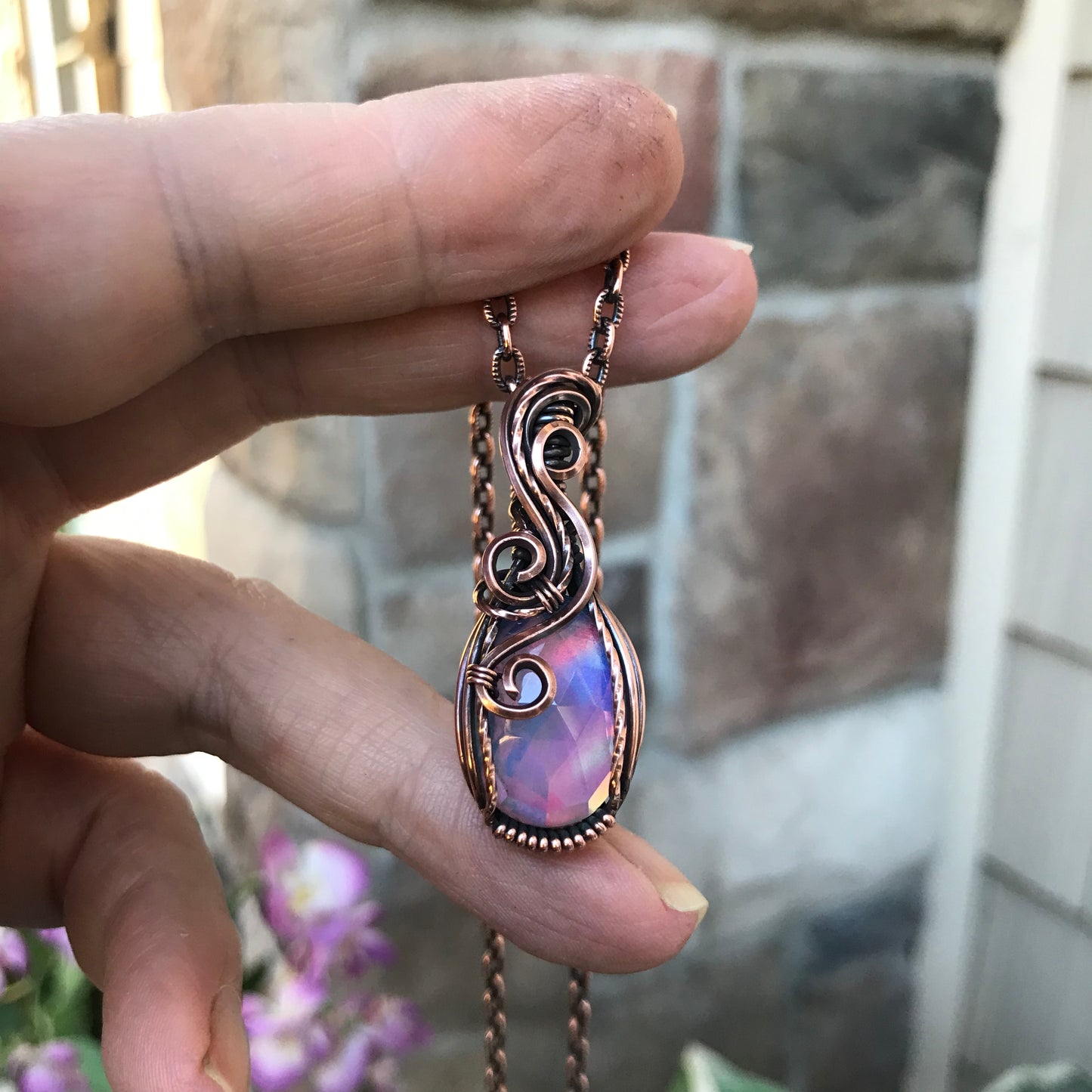 Aurora Opal Faceted Oval Swirly Copper Necklace