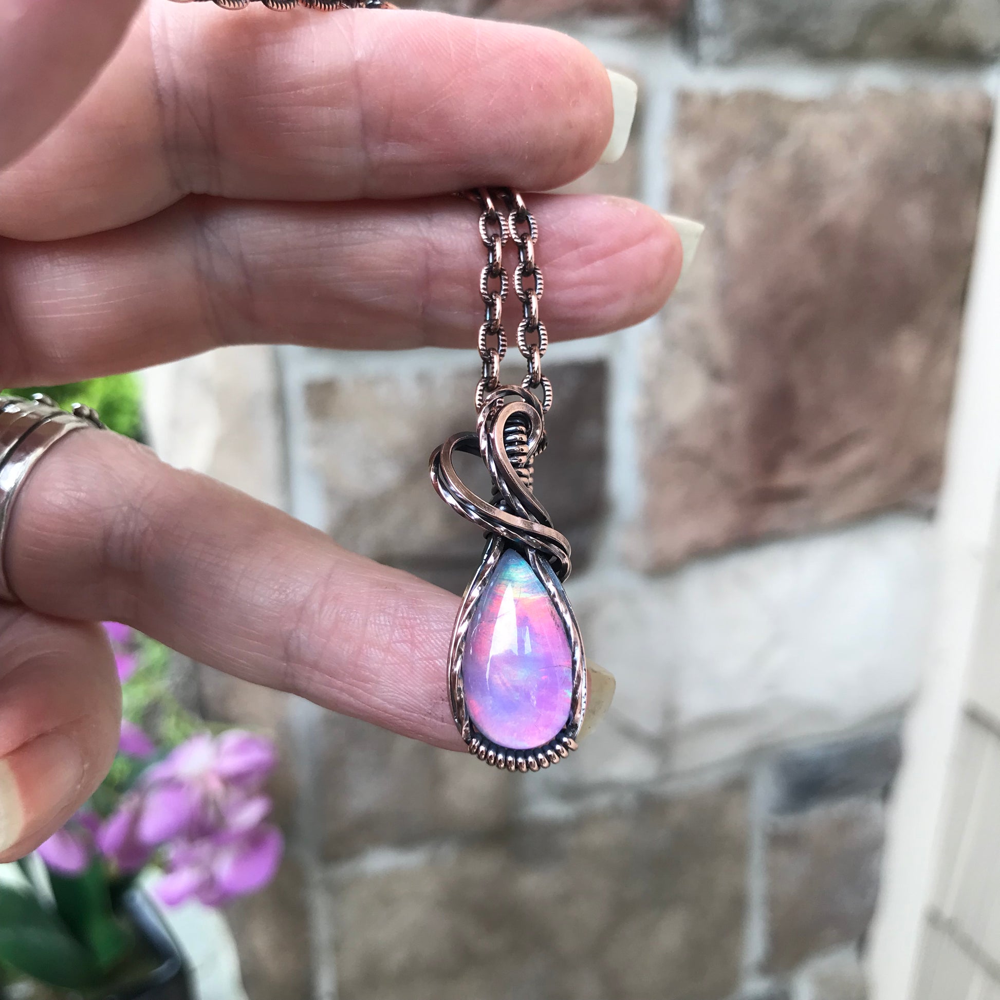 Aurora Opal Orange Pink Copper Necklace
