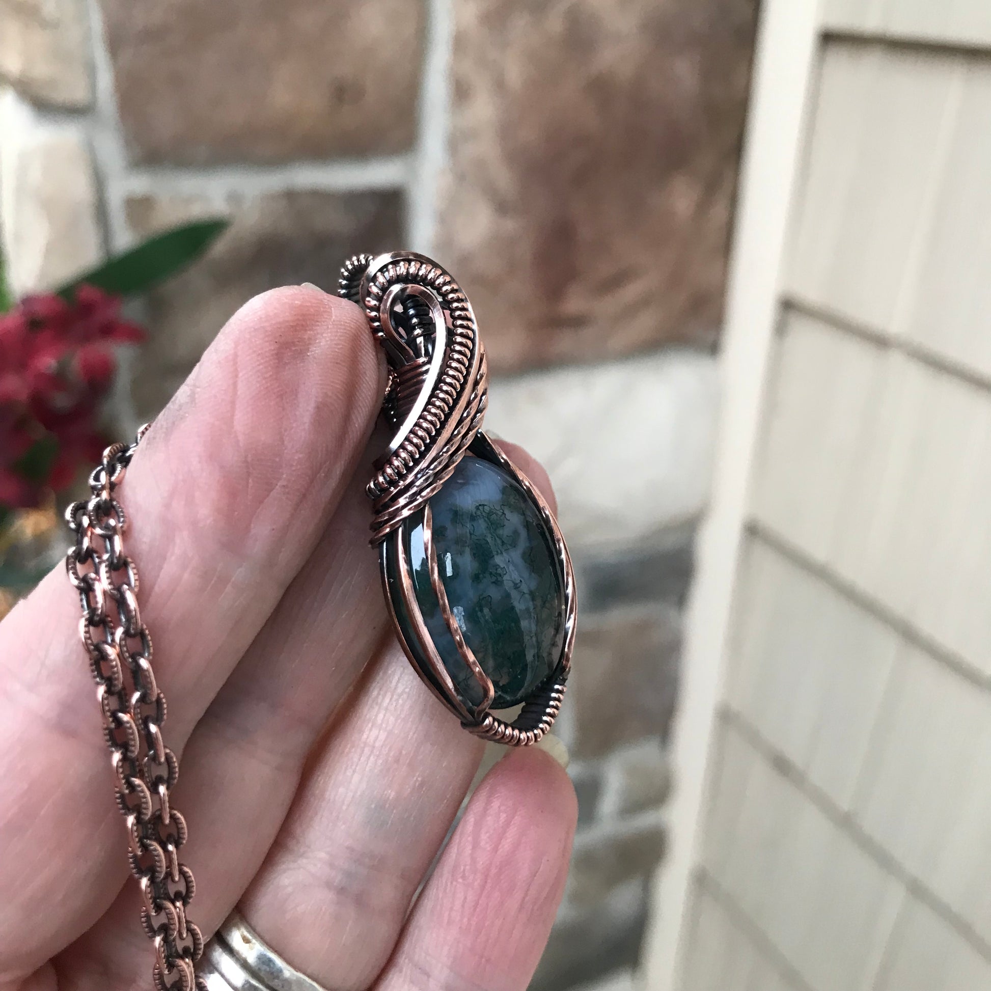 Moss Agate Oval Copper Pendant