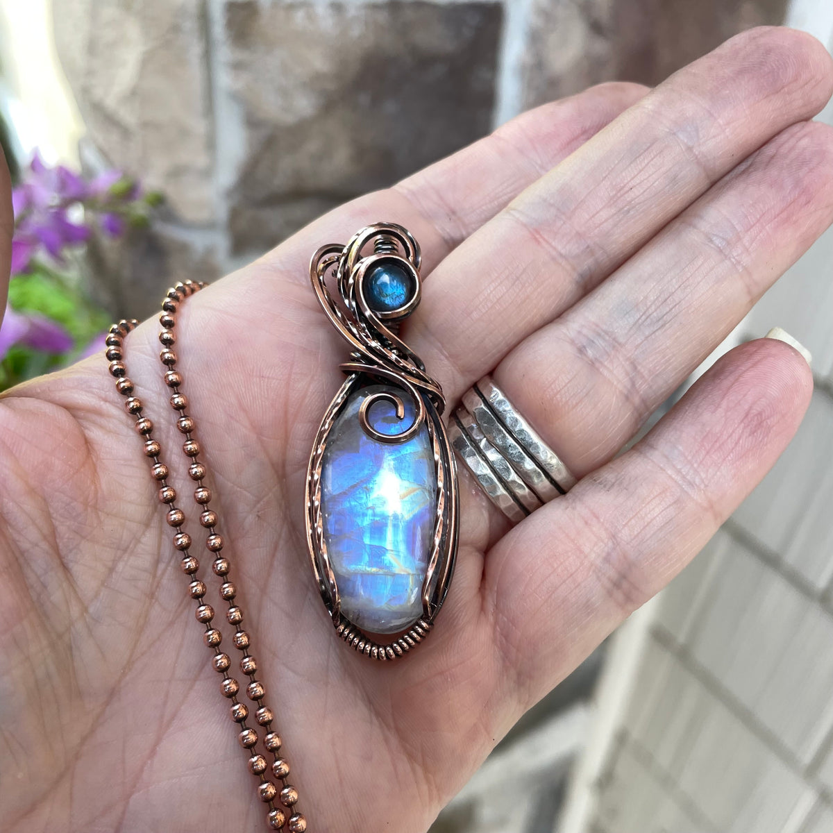 Moonstone & Blue Labradorite Swirly Copper Pendant