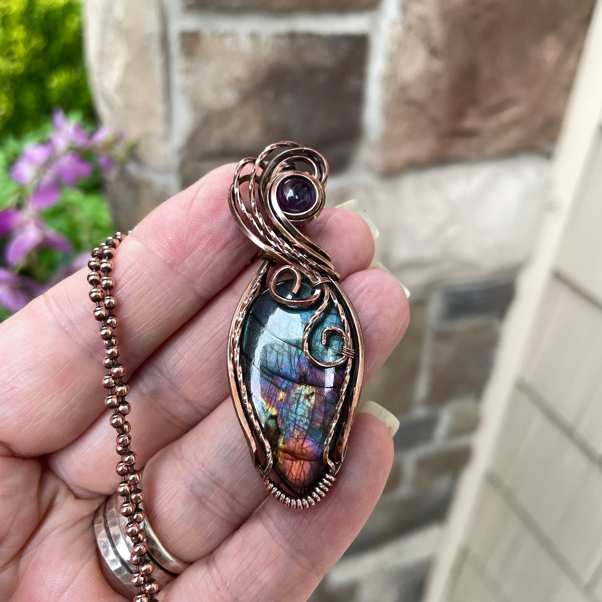 Teal Rainbow Labradorite & Amethyst Swirly Copper Pendant