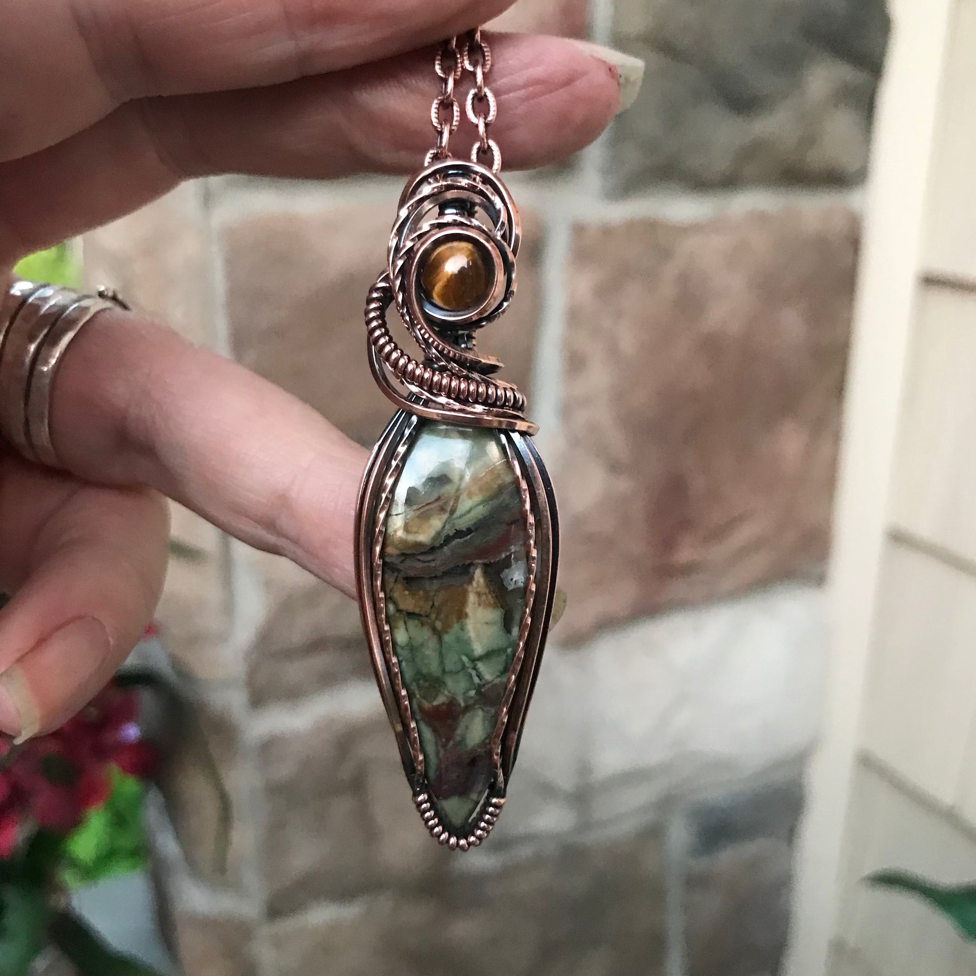 Rainforest Jasper & Tiger Eye Teardrop Copper Necklace