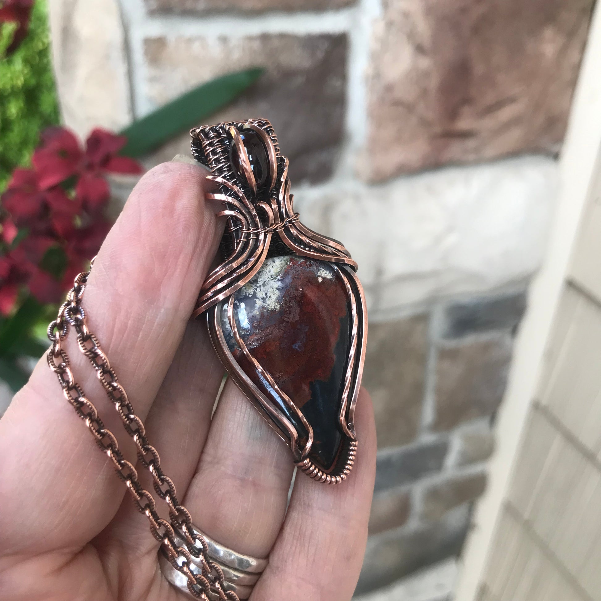 Maroon Crazy Lace Agate & Garnet Copper Pendant