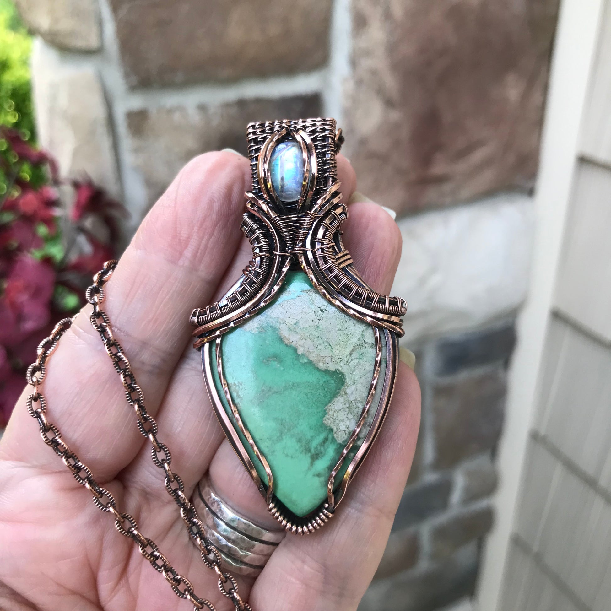 Variscite & Moonstone Copper Pendant with Weaving