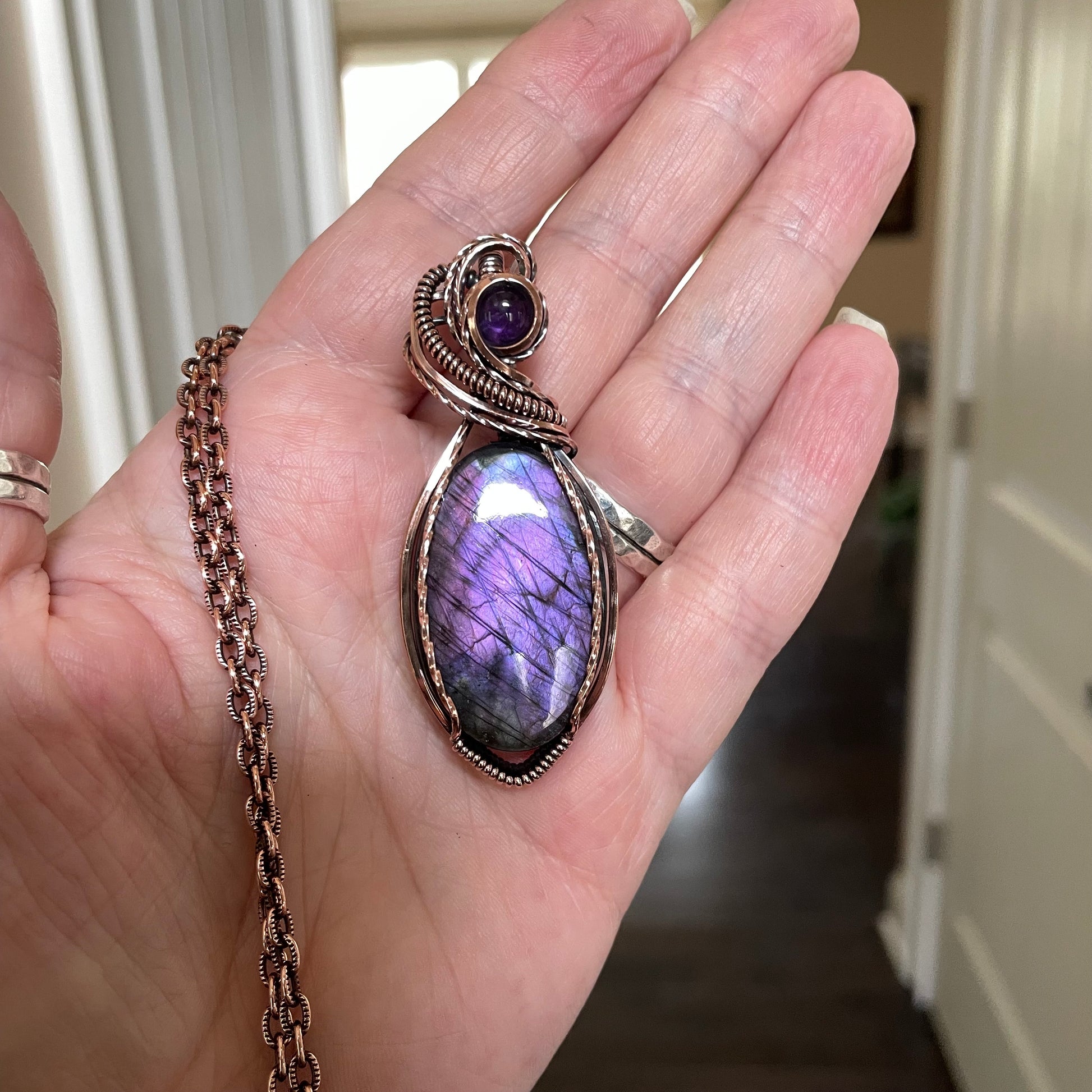 Purple Oval Labradorite & Amethyst Copper Pendant