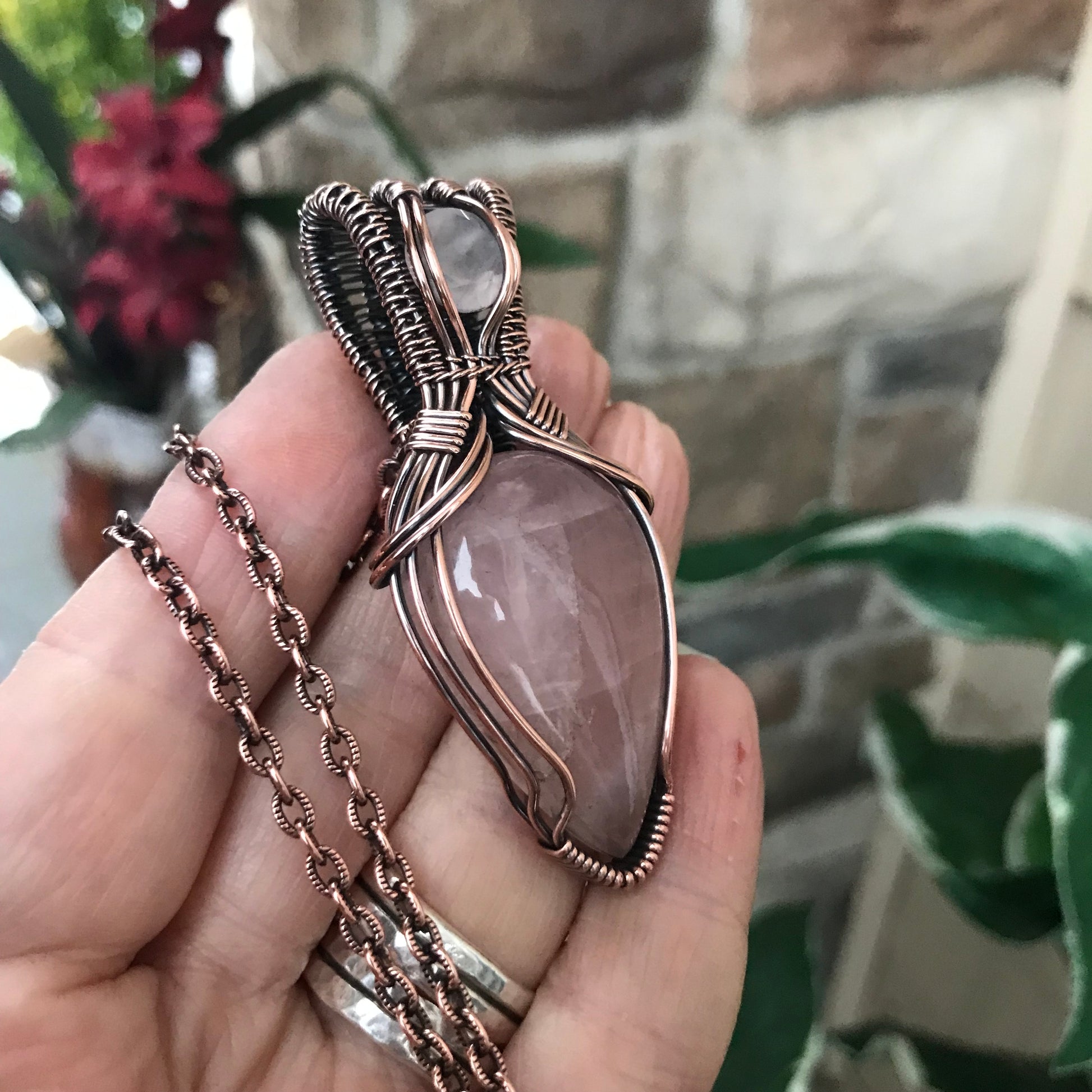 Rose Quartz with Faceted Rose Quartz Copper Pendant