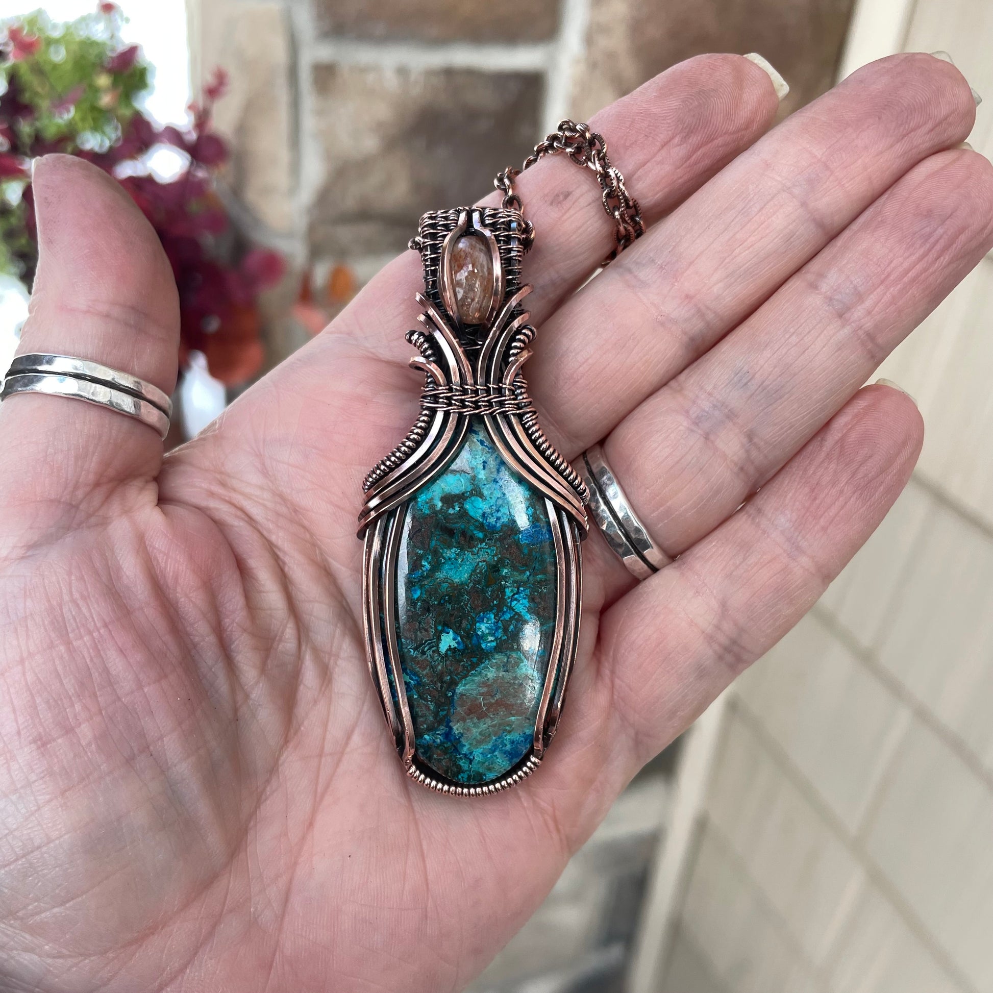 Shattuckite & Sunstone Oval Pendant with Weaving