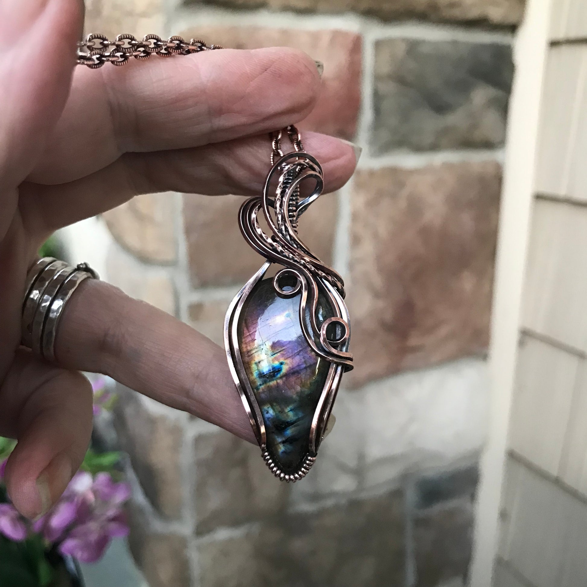 Purple Pink Labradorite Swirly Copper Necklace