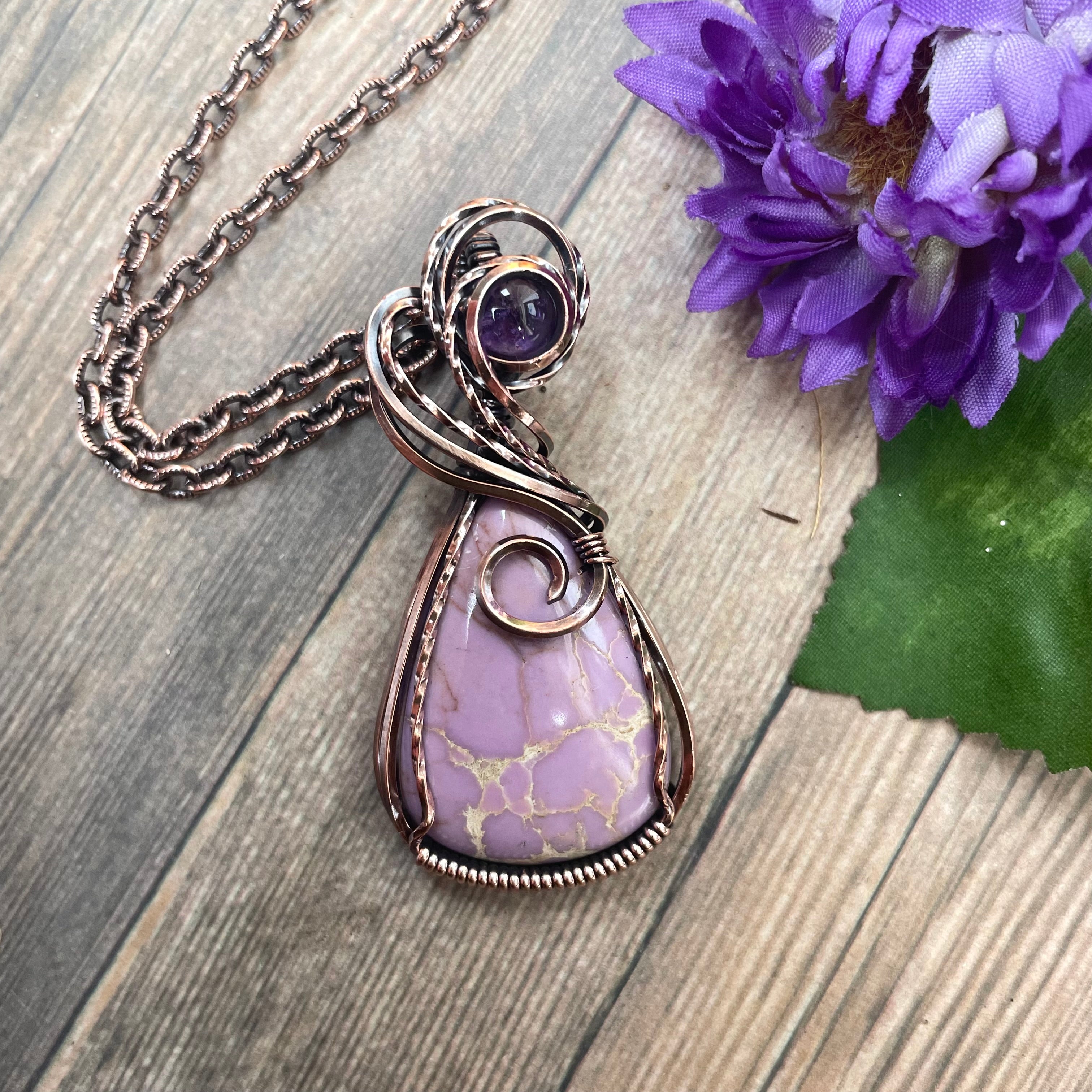 Phosphosiderite & Amethyst Swirly Copper Pendant