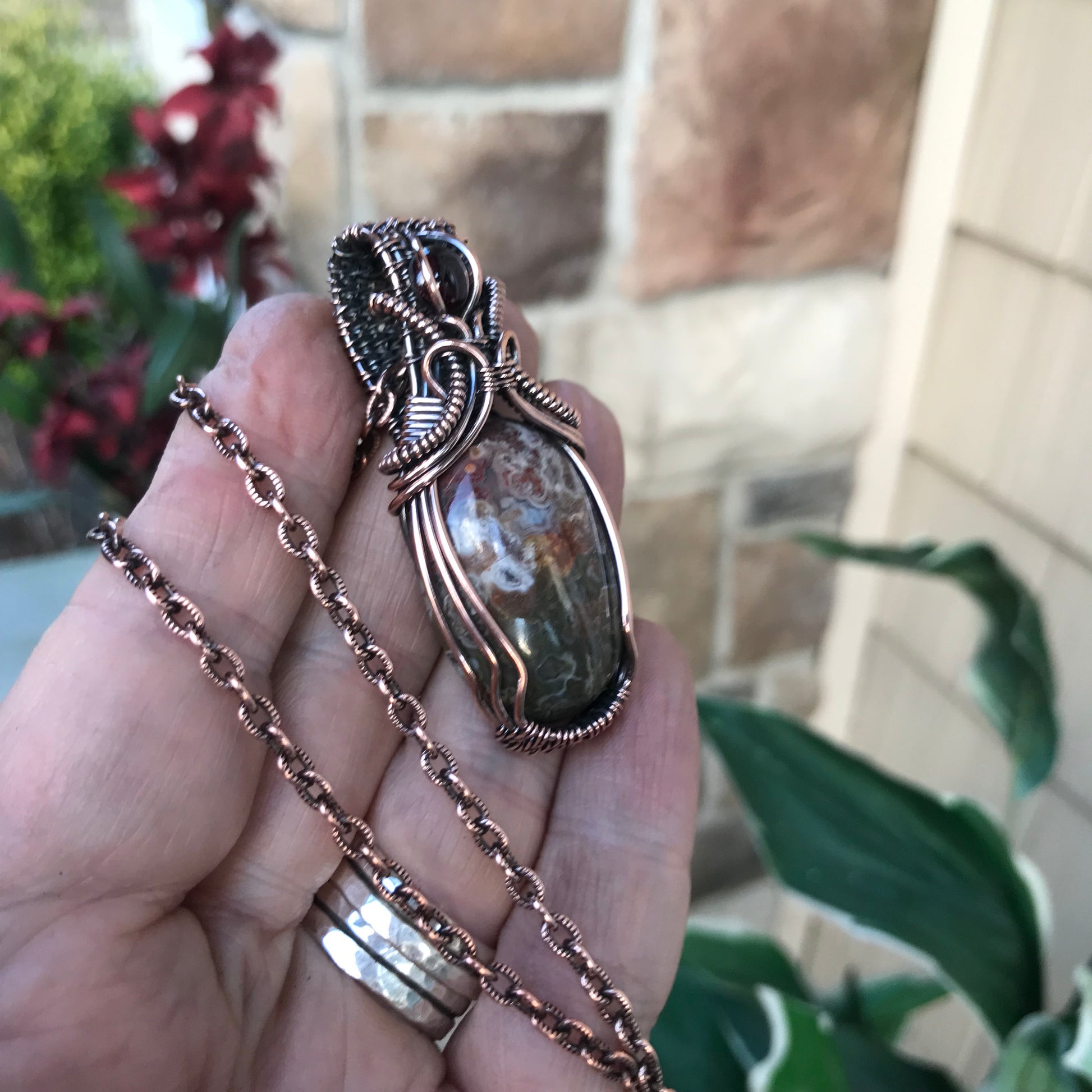 Oval Crazy Lace Agate & Garnet Woven Bail Copper Pendant