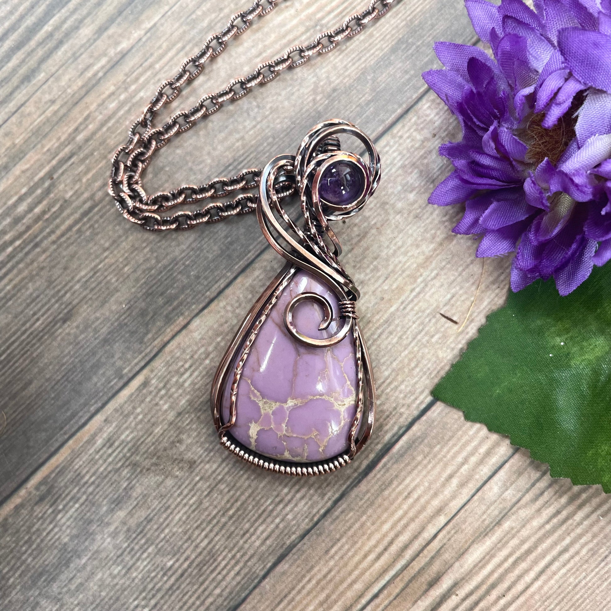 Phosphosiderite & Amethyst Swirly Copper Pendant