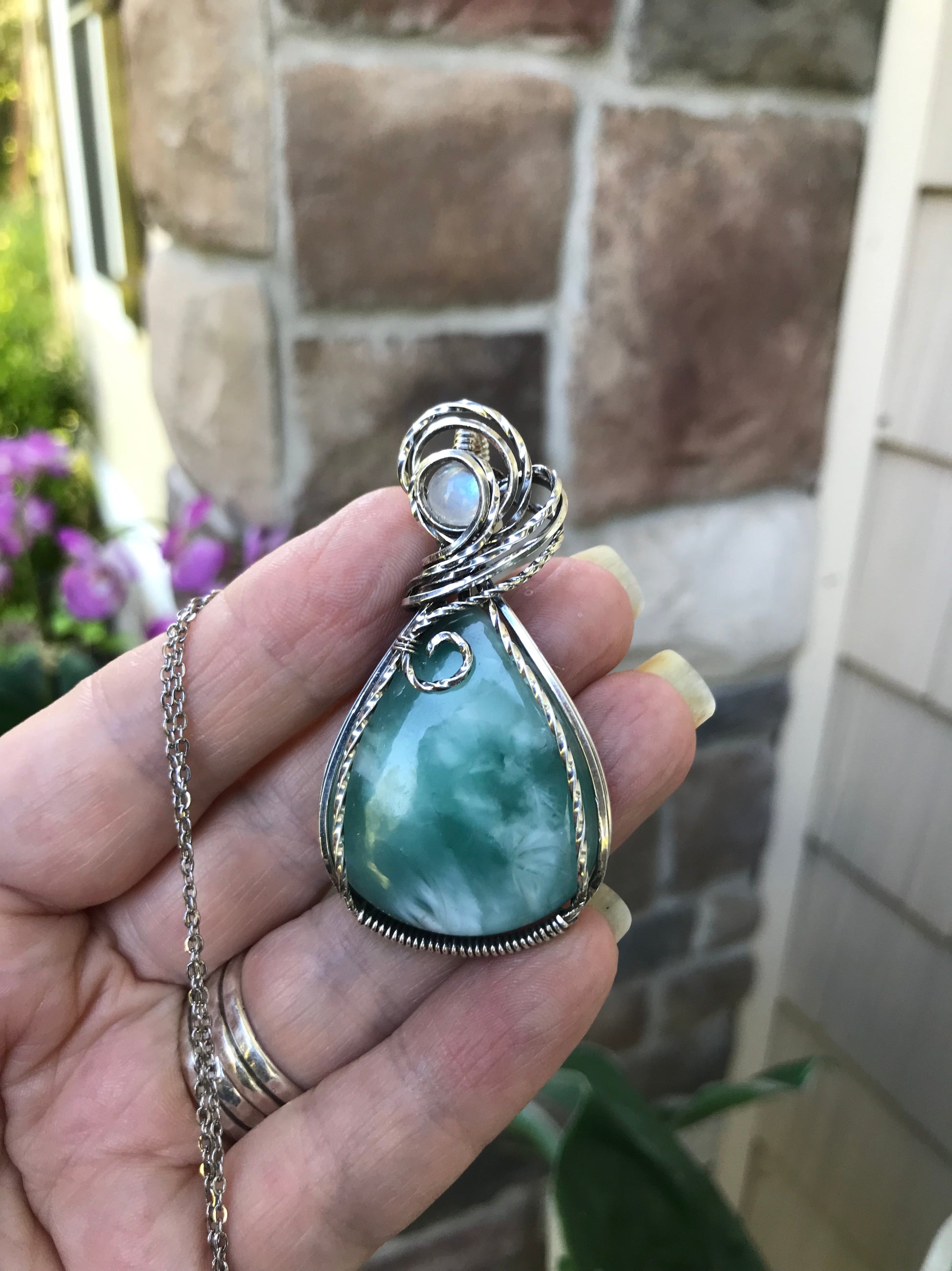 Hemimorphite & Moonstone Silver Necklace