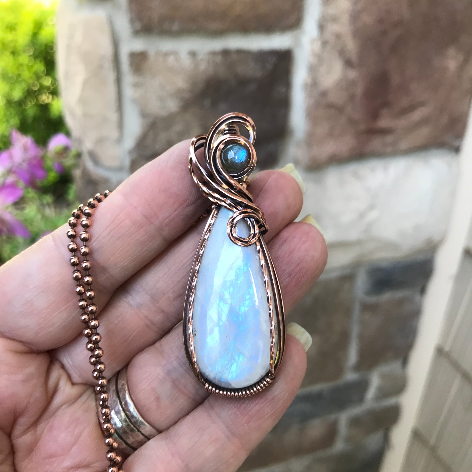 Moonstone & Blue Labradorite Swirly Copper Pendant