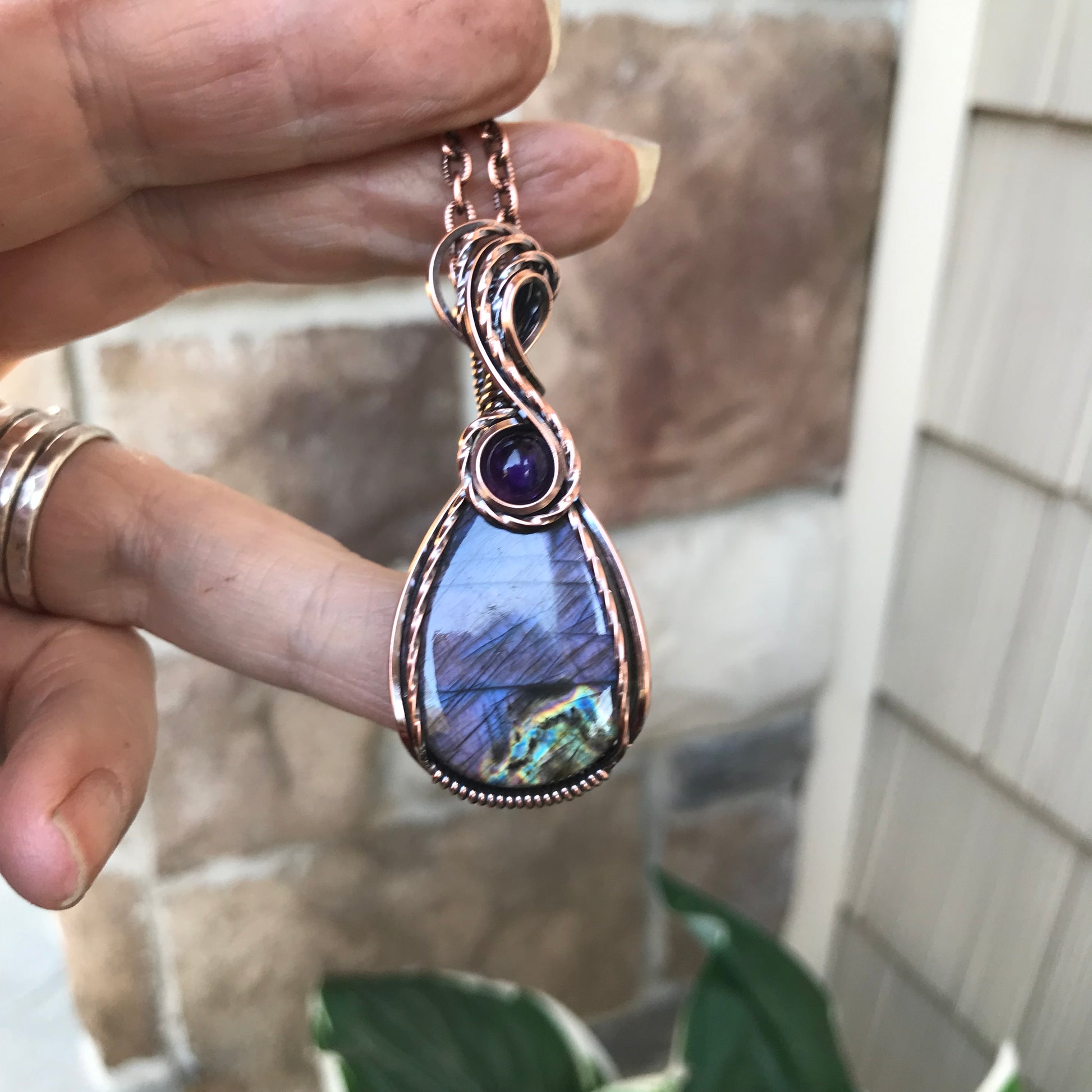 Purple Labradorite & Amethyst Teardrop Copper Pendant