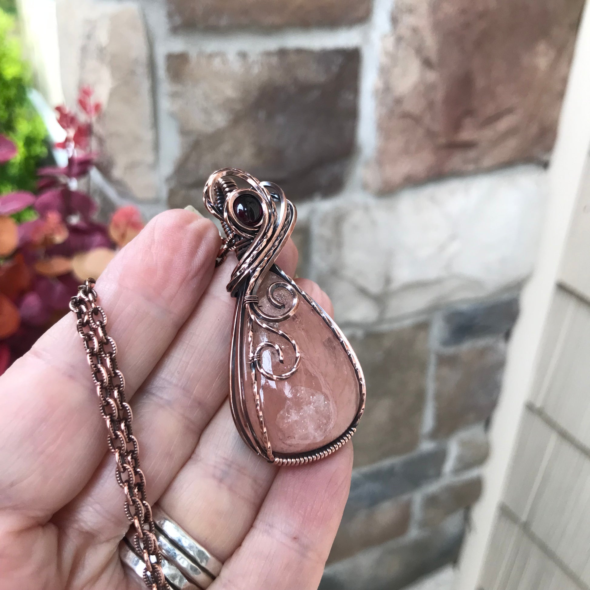 Morganite & Garnet Copper Swirly Necklace