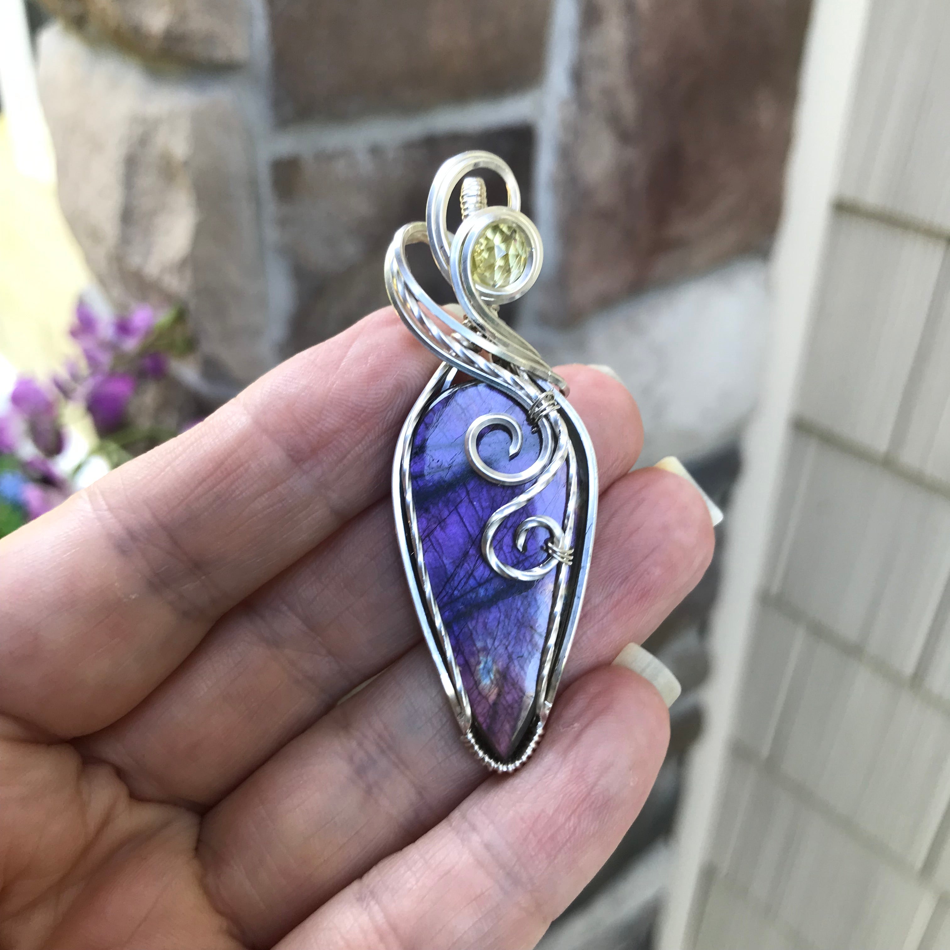 Purple Labradorite & Lemon Quartz Teardrop Silver Necklace
