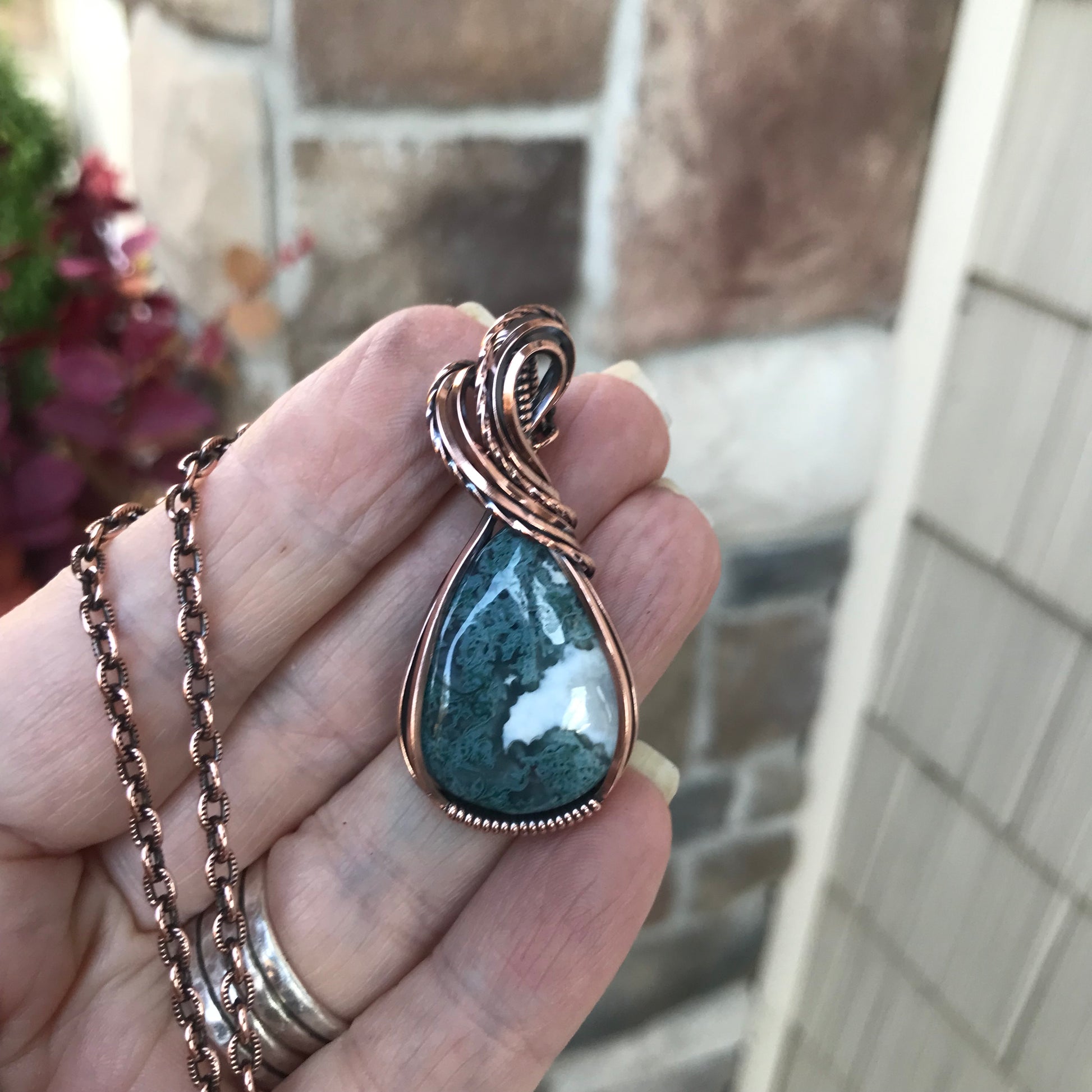 Teal Moss Agate Copper Pendant