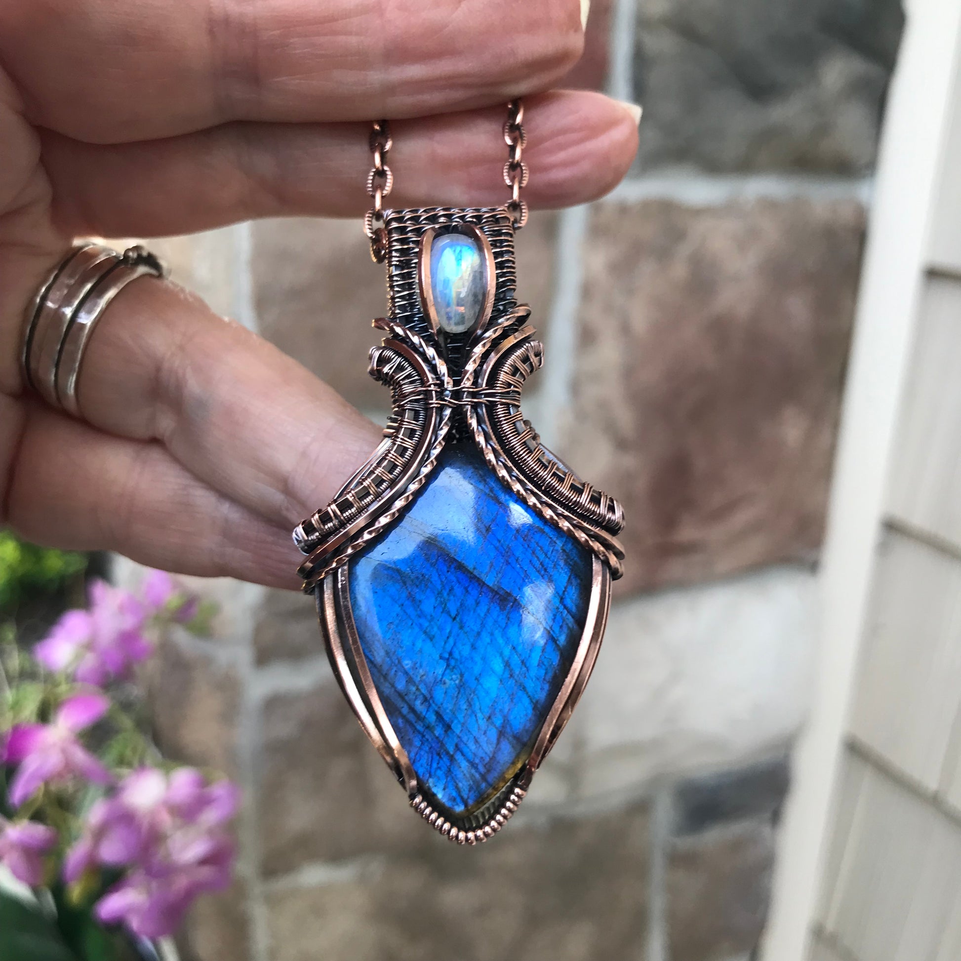 Blue Labradorite & Moonstone Copper Pendant with Weaving