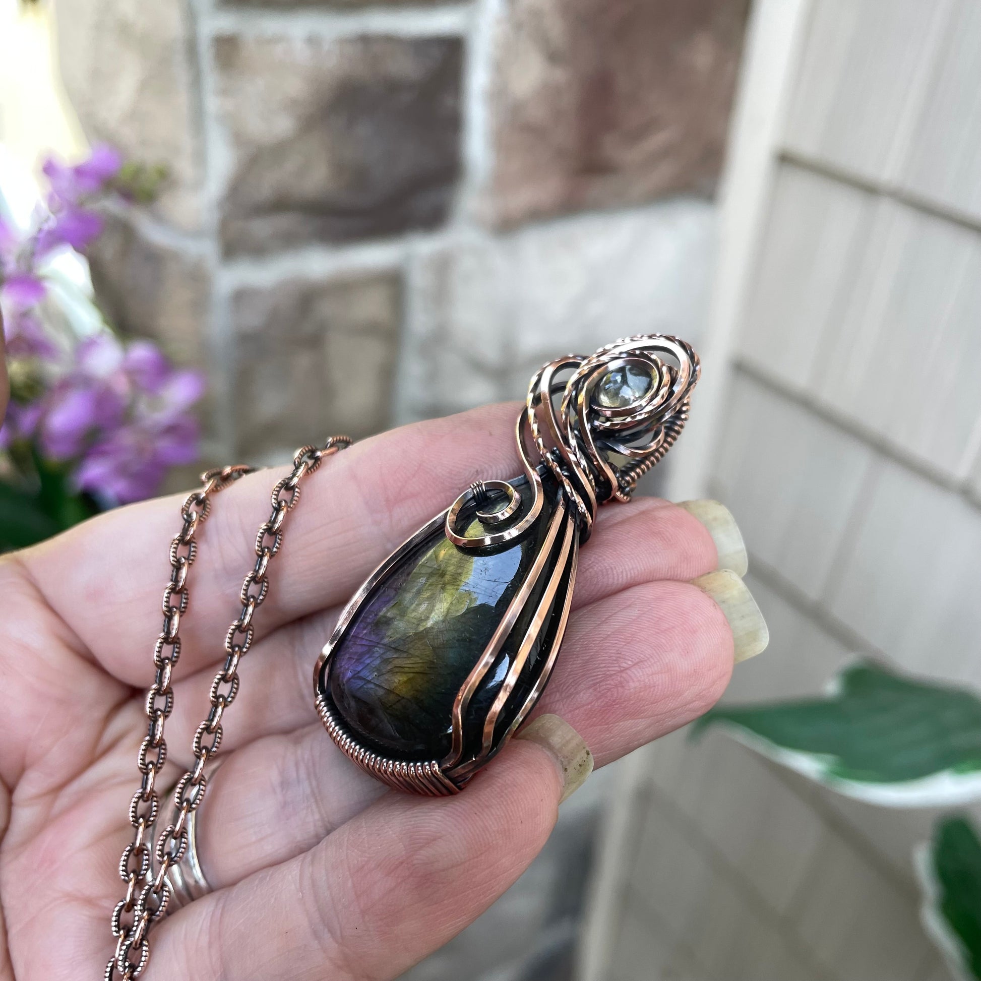 Slate Blue Green Labradorite & Prasiolite Copper Pendant