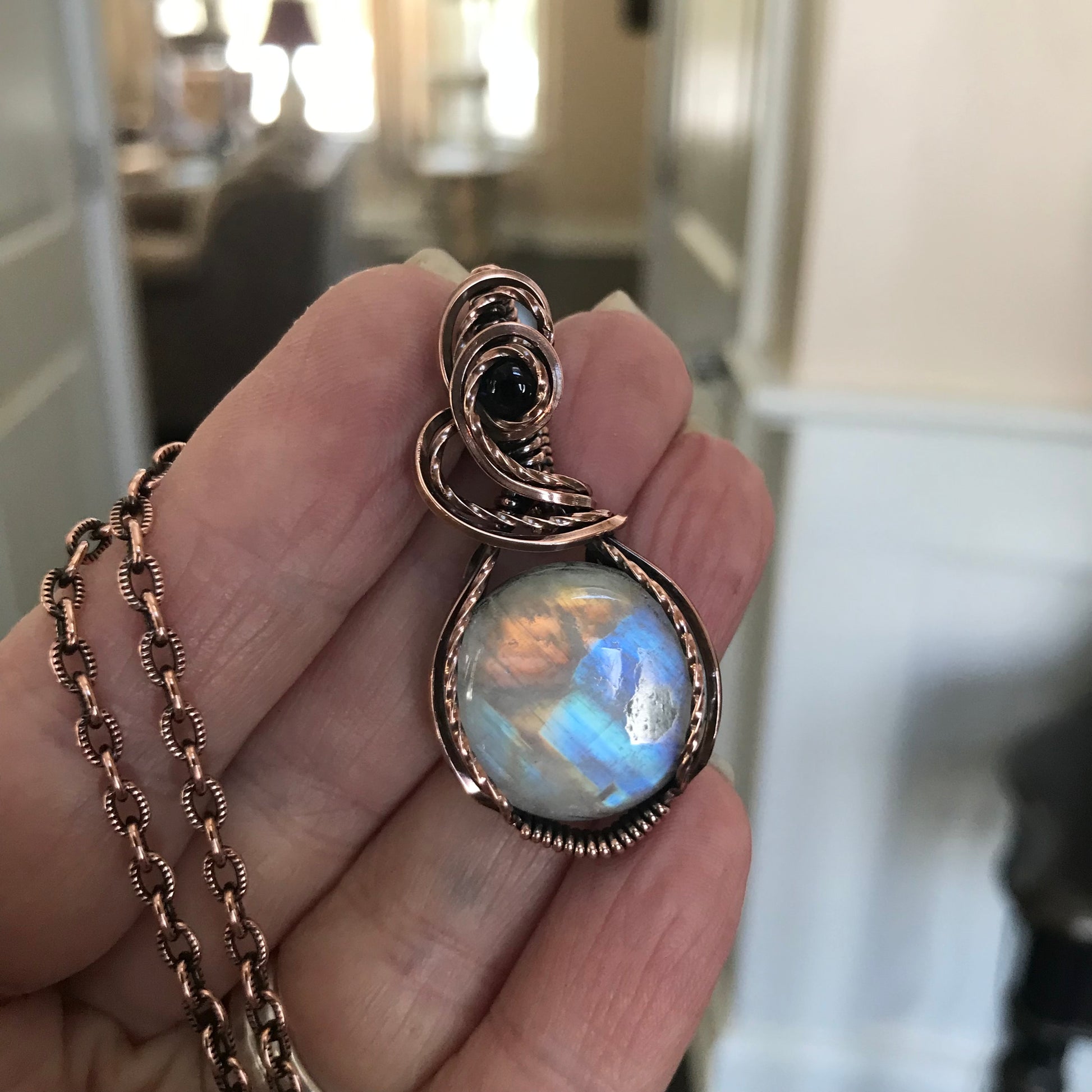 Rainbow Moonstone & Iolite Copper Pendant