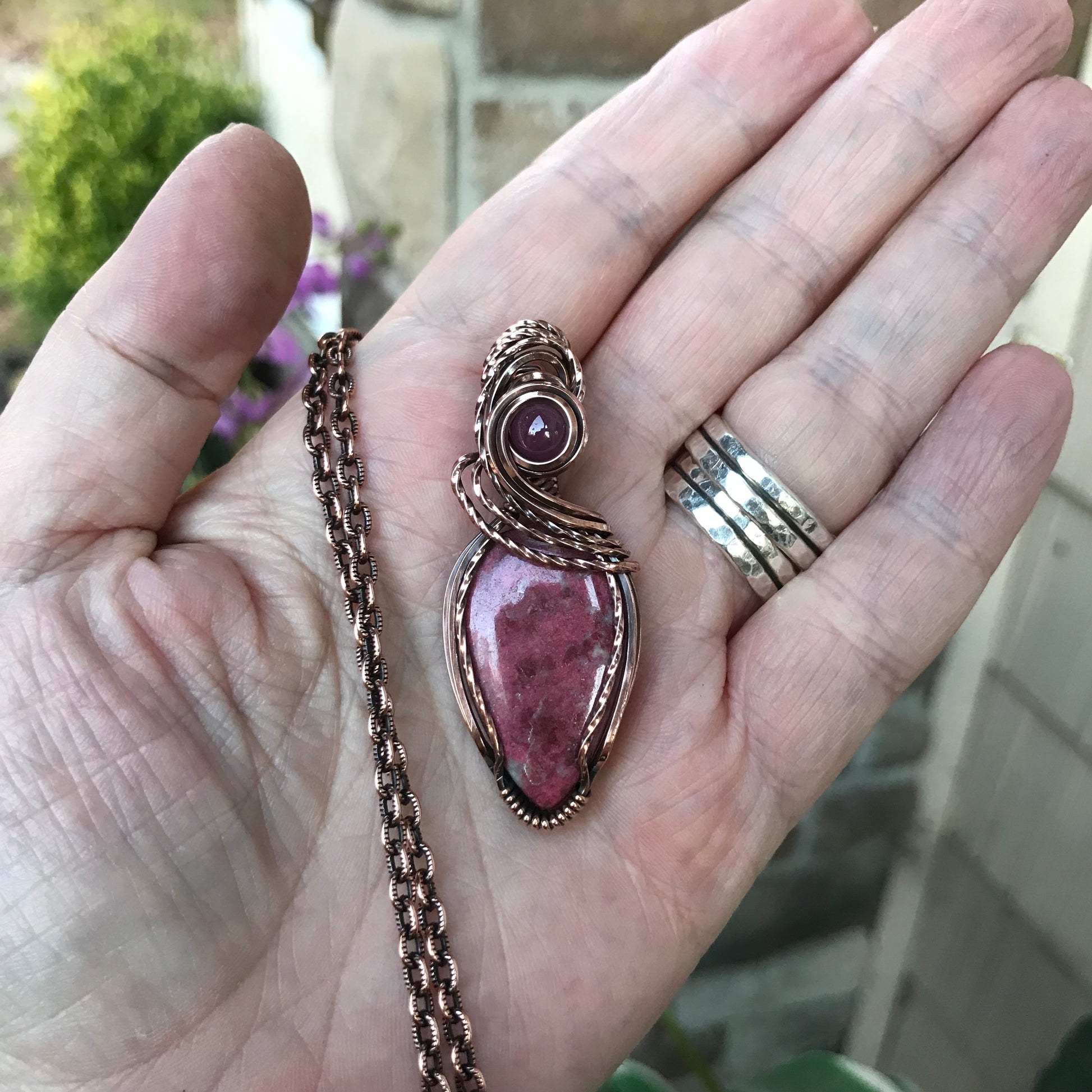 Pink Thulite & Ruby Swirly Copper Necklace